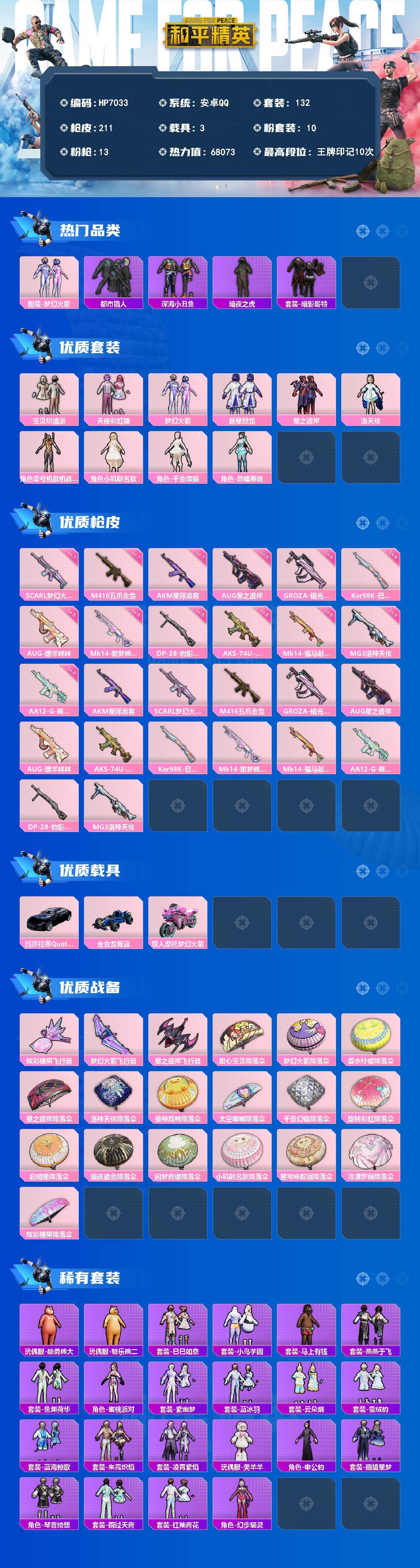 和平精英账号安卓QQ素材号-地铁满天赋-零号机款机体服/千金淑猫/小叽联名款/M4五爪金龙7级/SCAR梦幻火箭7级/A
