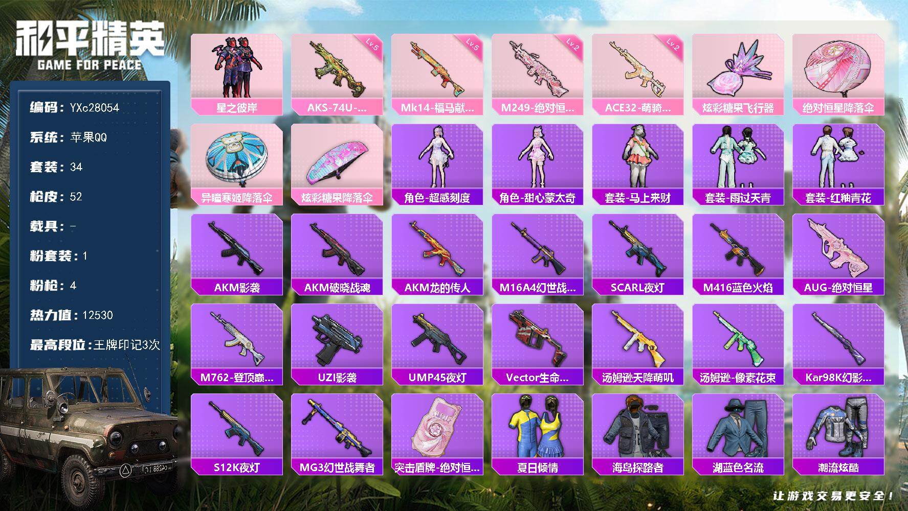 和平精英账号苹果QQ0载具-34套装-52枪皮-【满地铁天赋】YXc28054-【无二次协助处理】【因赛季更新游戏段付以