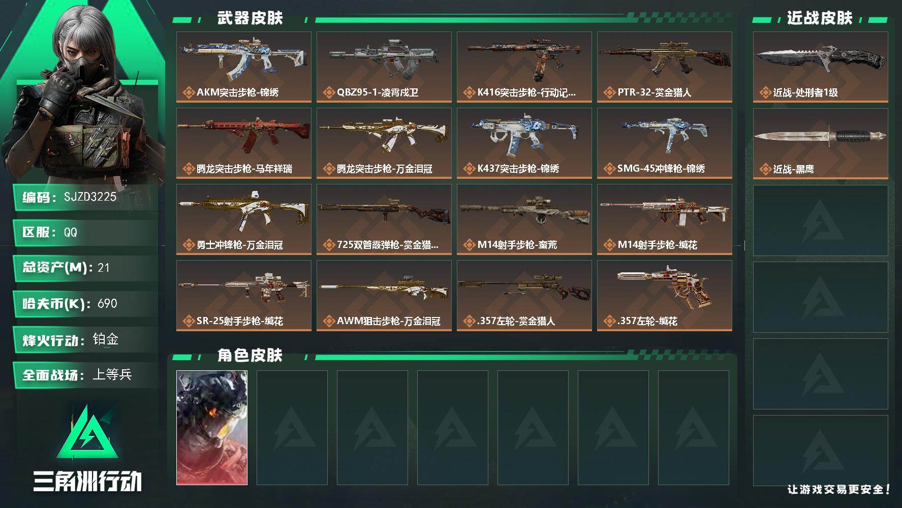 三角洲行动账号QQ【SJZD3225】总资产(M)：21M/哈夫币(K)：690K/哈夫币(K)：690K/传说枪皮数：17/全面战场等级：17_段位：上等兵/烽火地带等级：37_段位：铂金/威龙-凌霄戍卫/近战-处