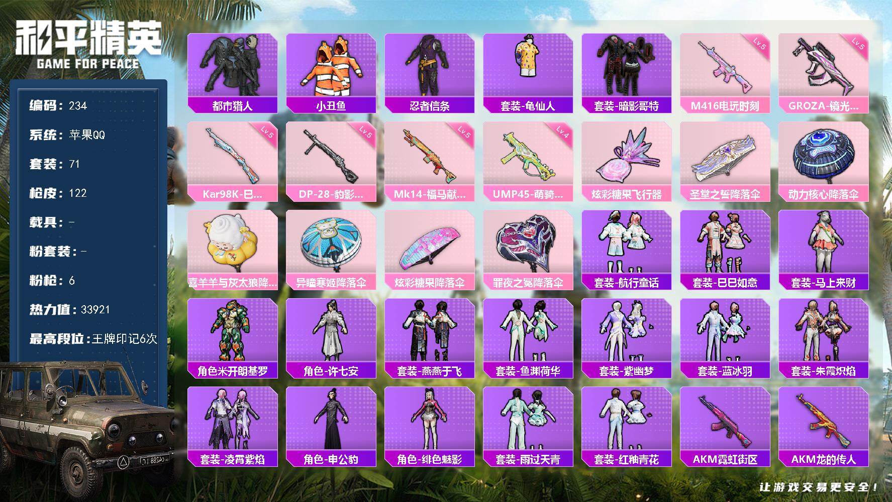 和平精英账号苹果QQ苹果 手Q-0粉装-6特效枪-0载具-1粉色飞行器-33921热力值-6王牌印记-71套装-122枪