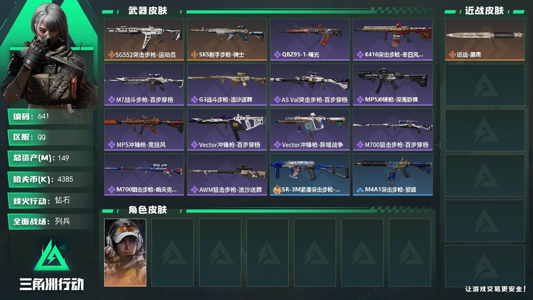 三角洲行动账号QQ【641】【猛攻护航号·149M·4000万纯币·一堆稀有大红·6级体力·28发AW子弹】149m总