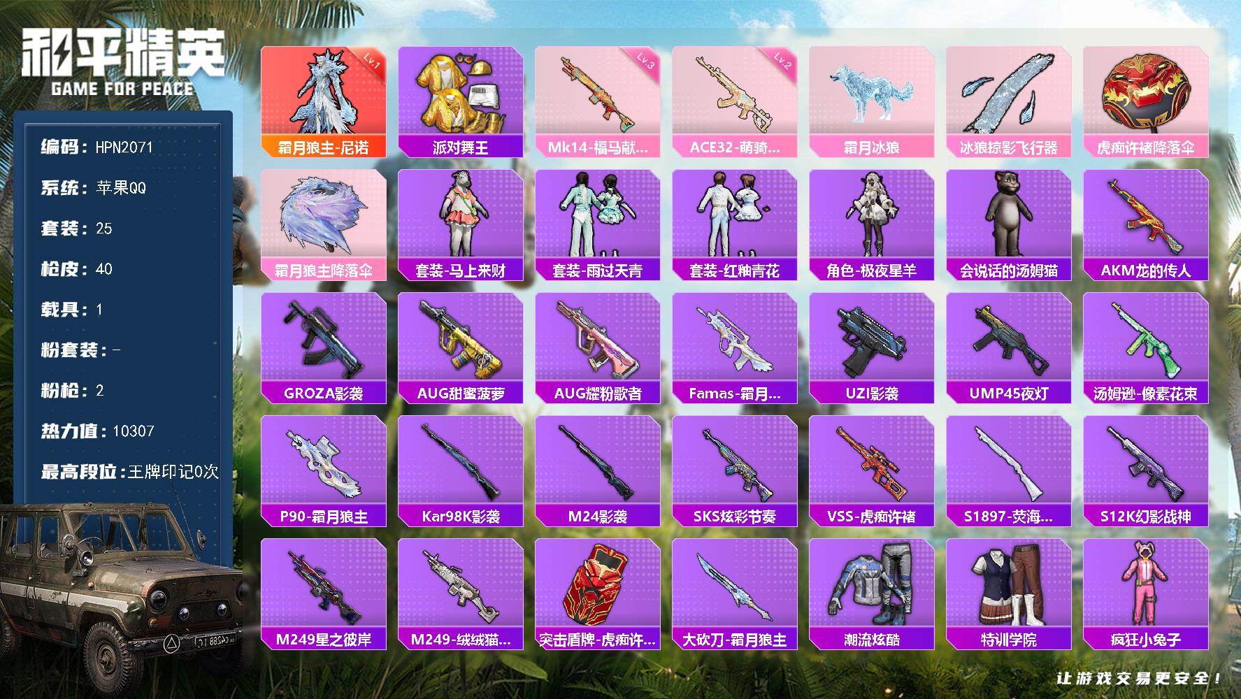 和平精英账号苹果QQ【N2071】25套装/枪械2/装备43/载具1/战备29/热力值10307/二级ACE32-萌骑漫