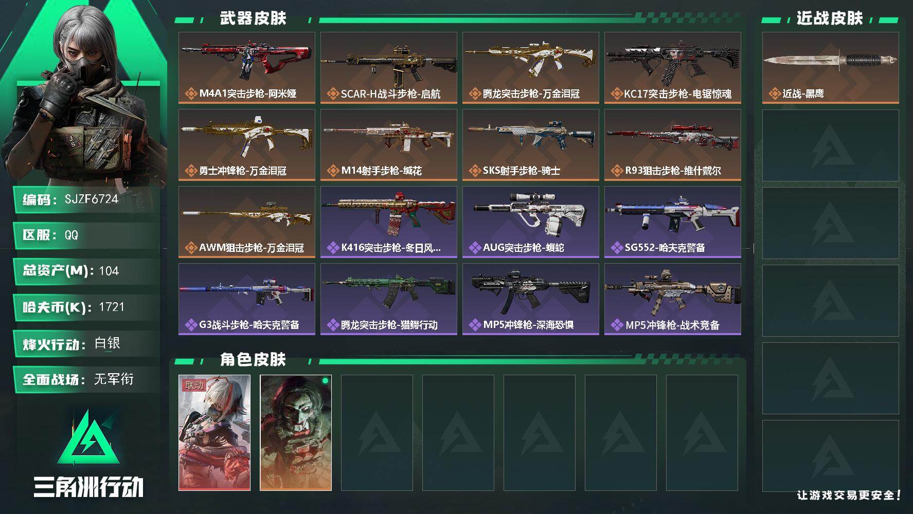 三角洲行动账号QQ【SJZF6724】总资产(M)：104M/哈夫币(K)：1721K/哈夫币(K)：1721K/传说枪皮数：9/全面战场等级：4_段位：无段位/烽火地带等级：60_段位：白银/骇爪-维什戴尔/红狼-