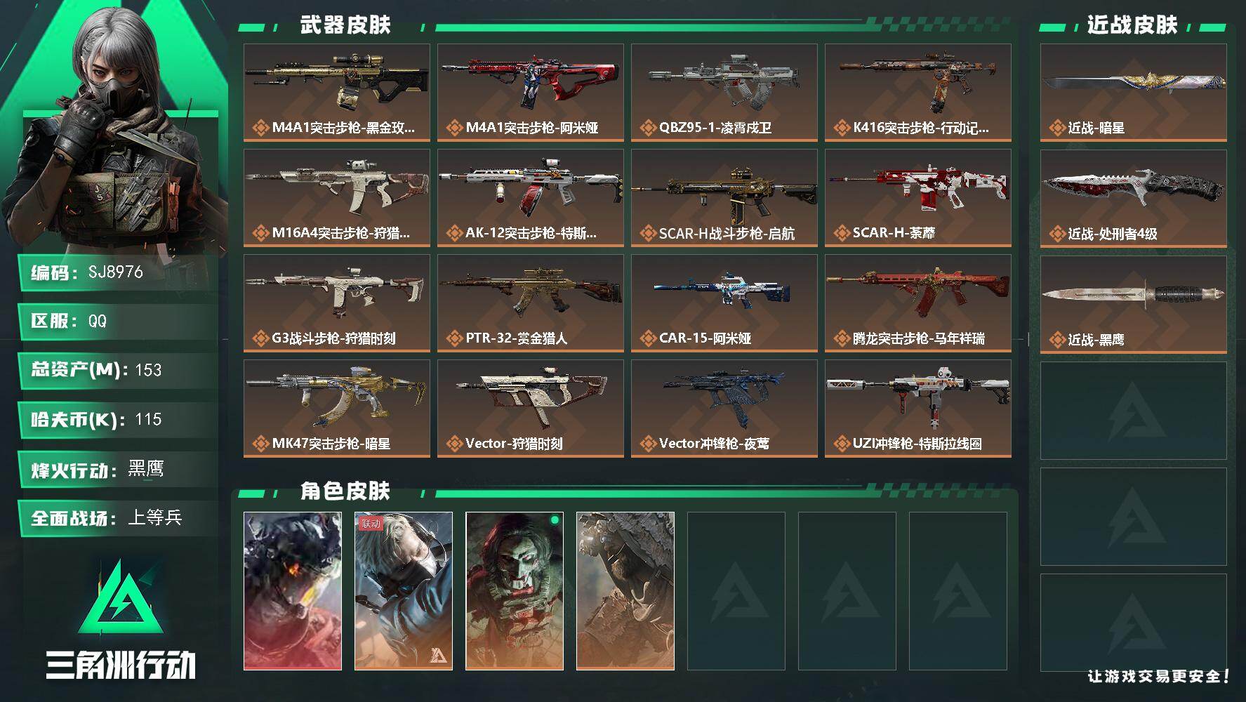 三角洲行动账号QQ【SJ8976】总资产(M)：153M/哈夫币(K)：115K/哈夫币(K)：115K/传说枪皮数：32/全面战场等级：28_段位：上等兵/烽火地带等级：60_段位：黑鹰/威龙-凌霄戍卫/蜂医-送葬