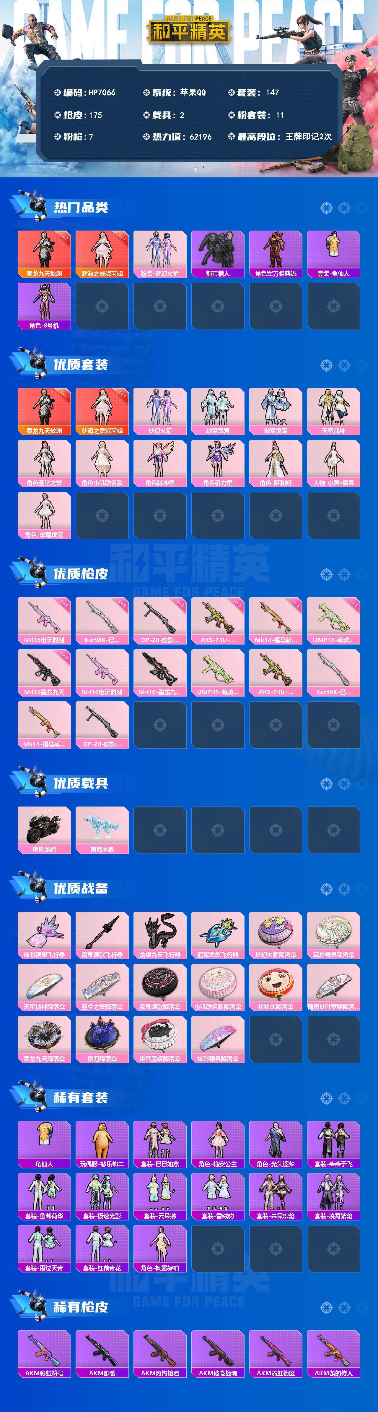 和平精英账号苹果QQ（2红套11粉套7粉枪2载具）地铁满天赋/妮芮妲1级/敖渊3级/都市猎人/梦幻火箭/绒雪飘舞/傲雪凌