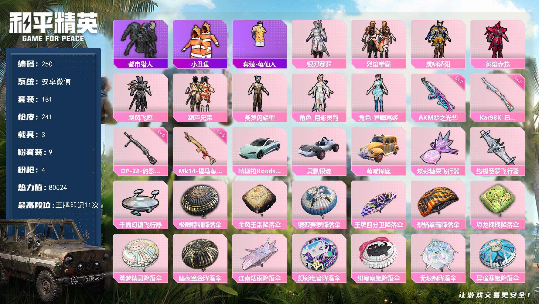 和平精英账号安卓微信HJ6669 可二 71级 3载具9粉装4特效枪  都市猎人 【3载具】 特斯拉R水滴蓝 灵鼠银迹 