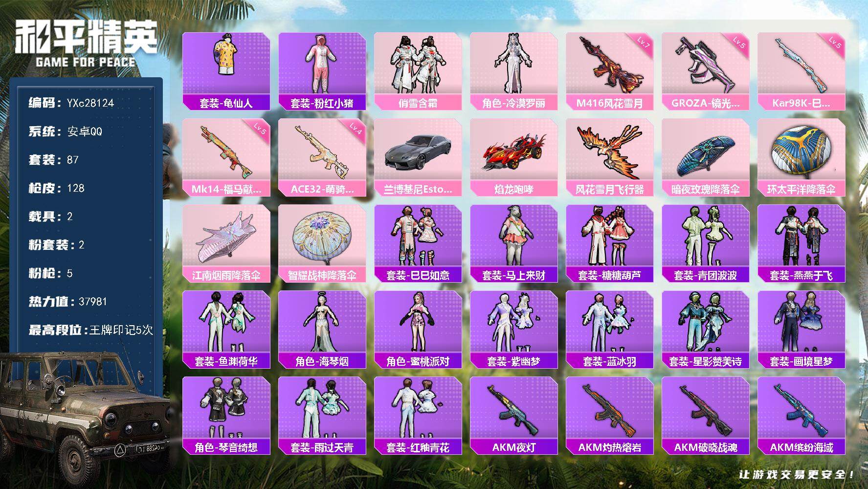 和平精英账号安卓QQ【满地铁天赋】YXc28124-【可二次】【因赛季更新游戏段付以上号为准!】
 安卓Q-1稀有2载具