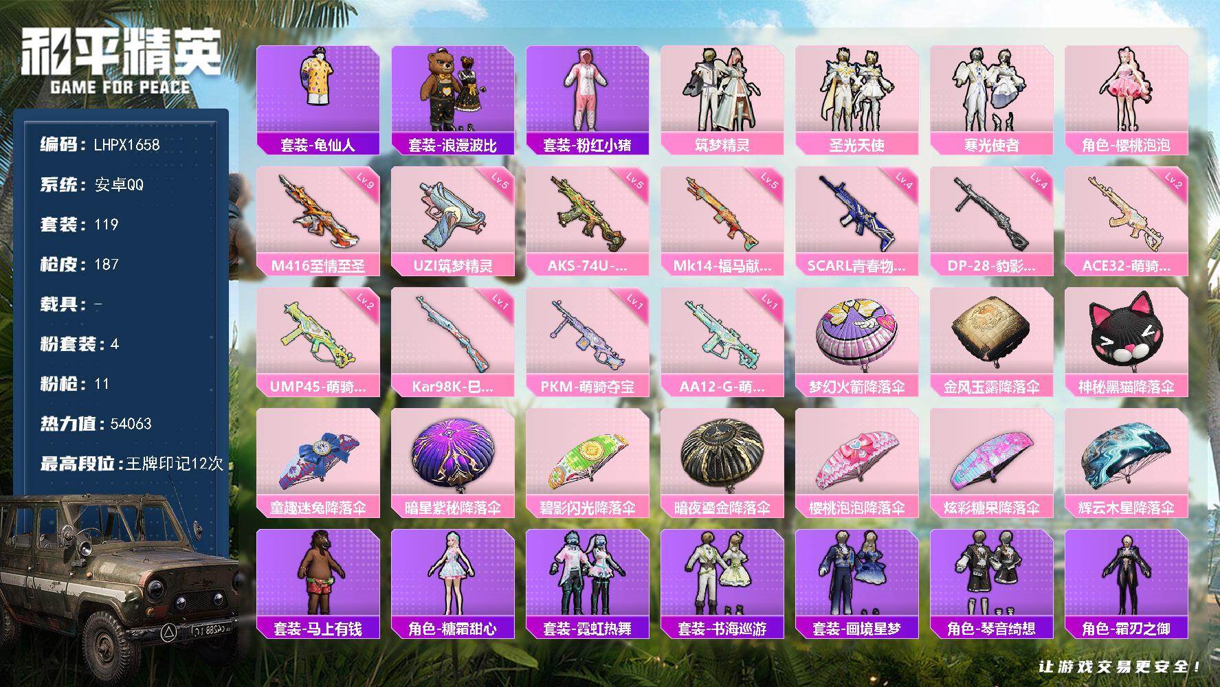 和平精英账号安卓QQM416-至情至圣(九级) 安卓 手Q-4粉装-11特效枪-0载具-0粉色飞行器-54063热力值-12王牌印记-119套装-187枪皮
【热门品类】：套装-龟仙人，套装-浪漫波比，套装-粉红小猪
