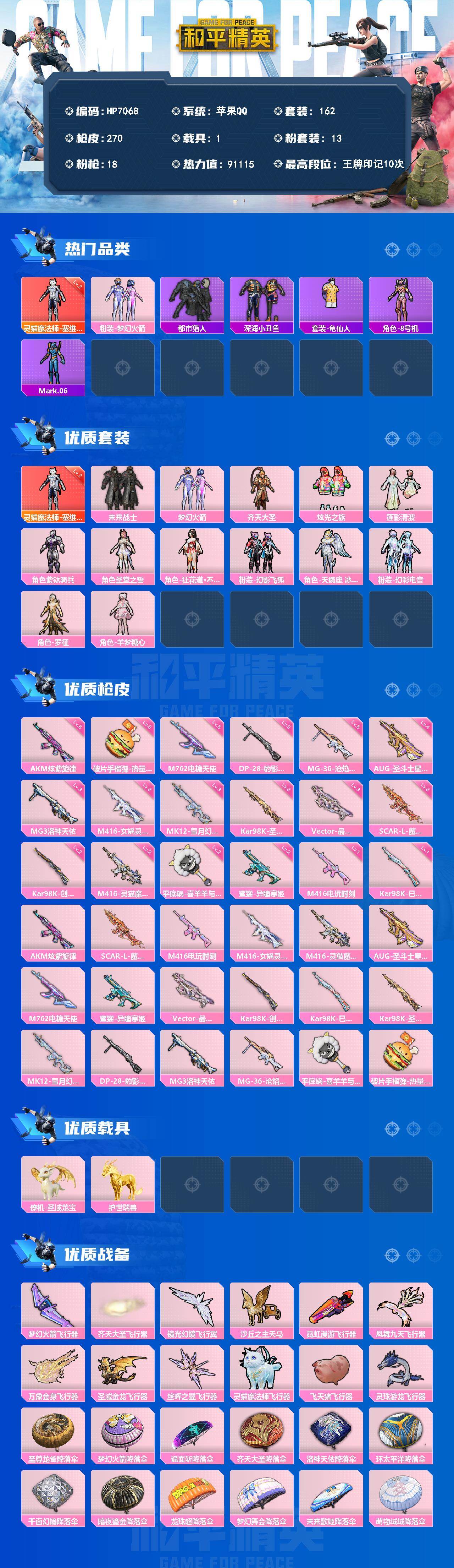 和平精英账号苹果QQ1载具-162套装-270枪皮-身法号-地铁满天赋-塞维尔2级/羊梦糖心/AUG圣斗士星矢4级/M4女娲灵识3级/SCAR哪吒3级/M4灵猫魔法师2级/M4电玩时刻/8号机/蓝螳螂/深海小丑鱼/都市/