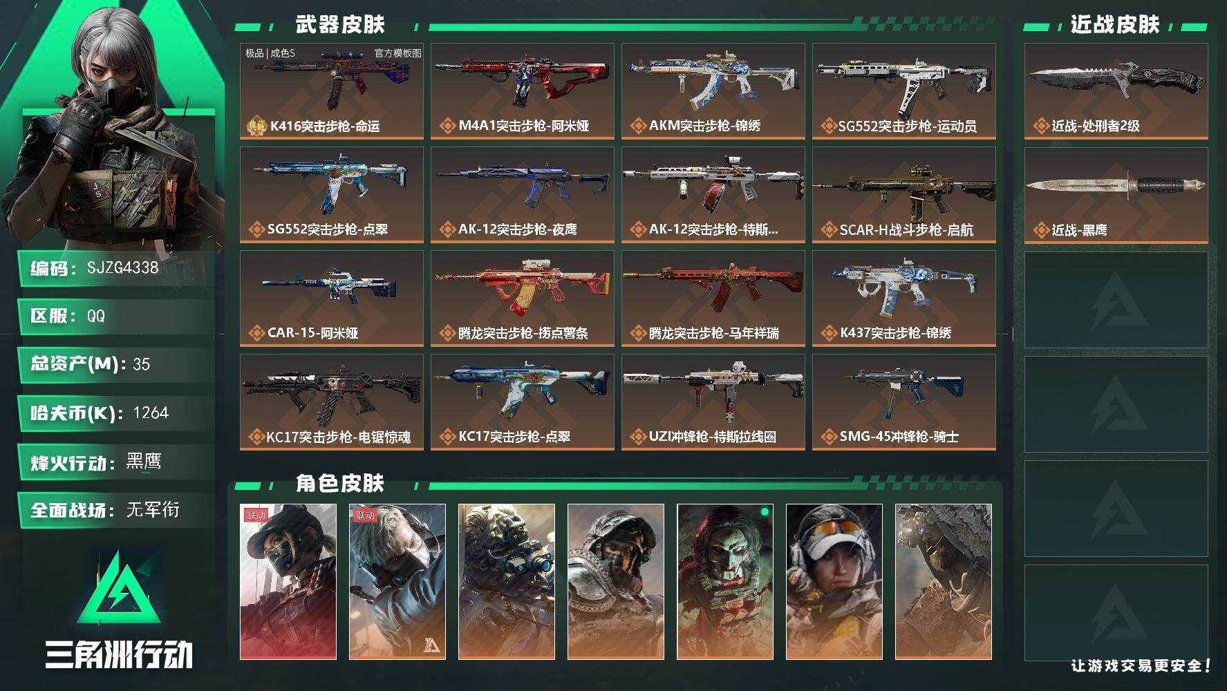 三角洲行动账号QQ【SJZG4338】总资产(M)：35M/哈夫币(K)：1264K/哈夫币(K)：1264K/传说枪皮数：30/全面战场等级：1_段位：无段位/烽火地带等级：60_段位：黑鹰/露娜-黑·天际线/蜂医