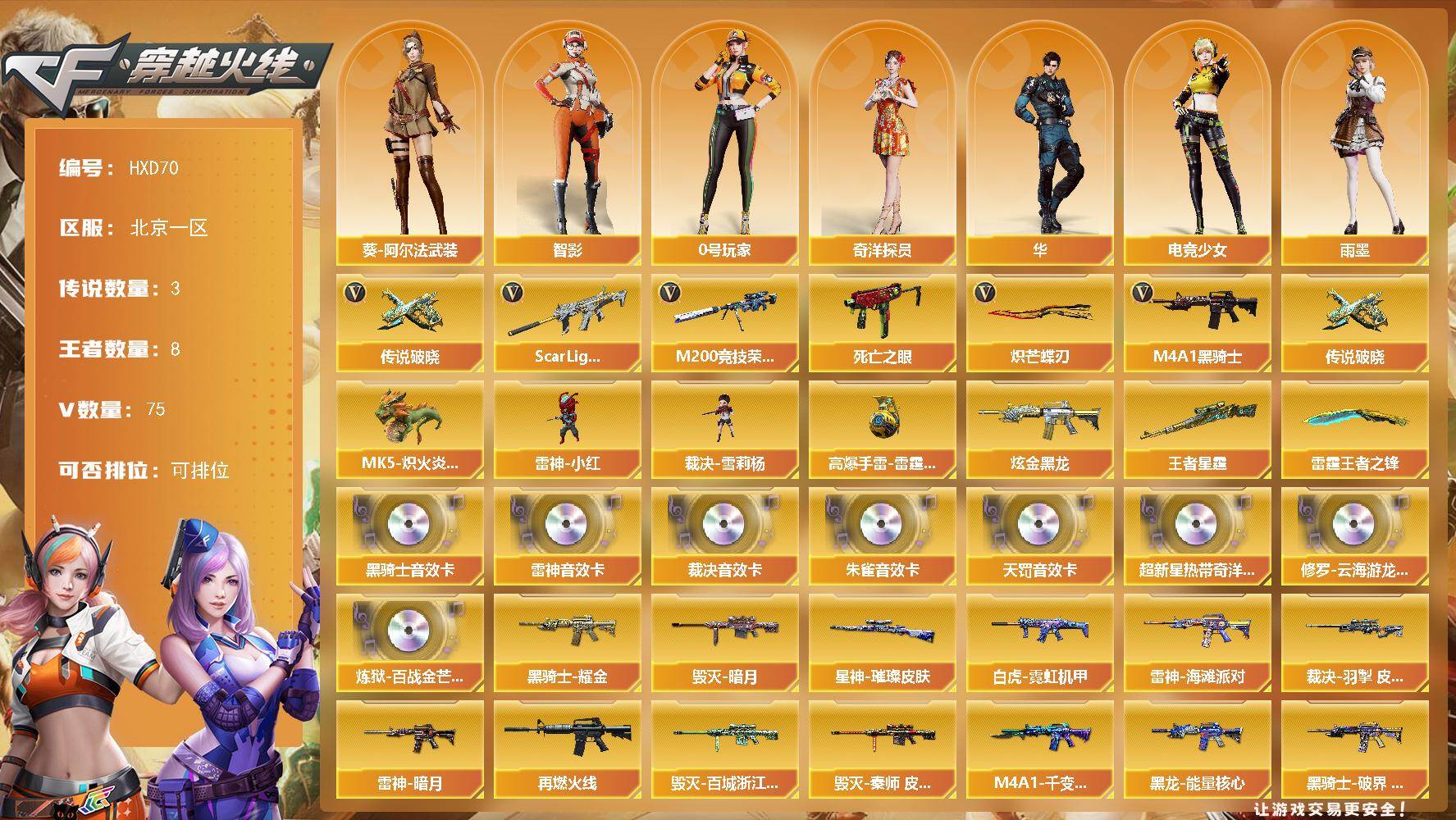 穿越火线账号北部战区【HXD70】70V/102级/荣耀元首/3传说/8王者/1炫金/5英雄/传说破晓/传说影煞/Sca