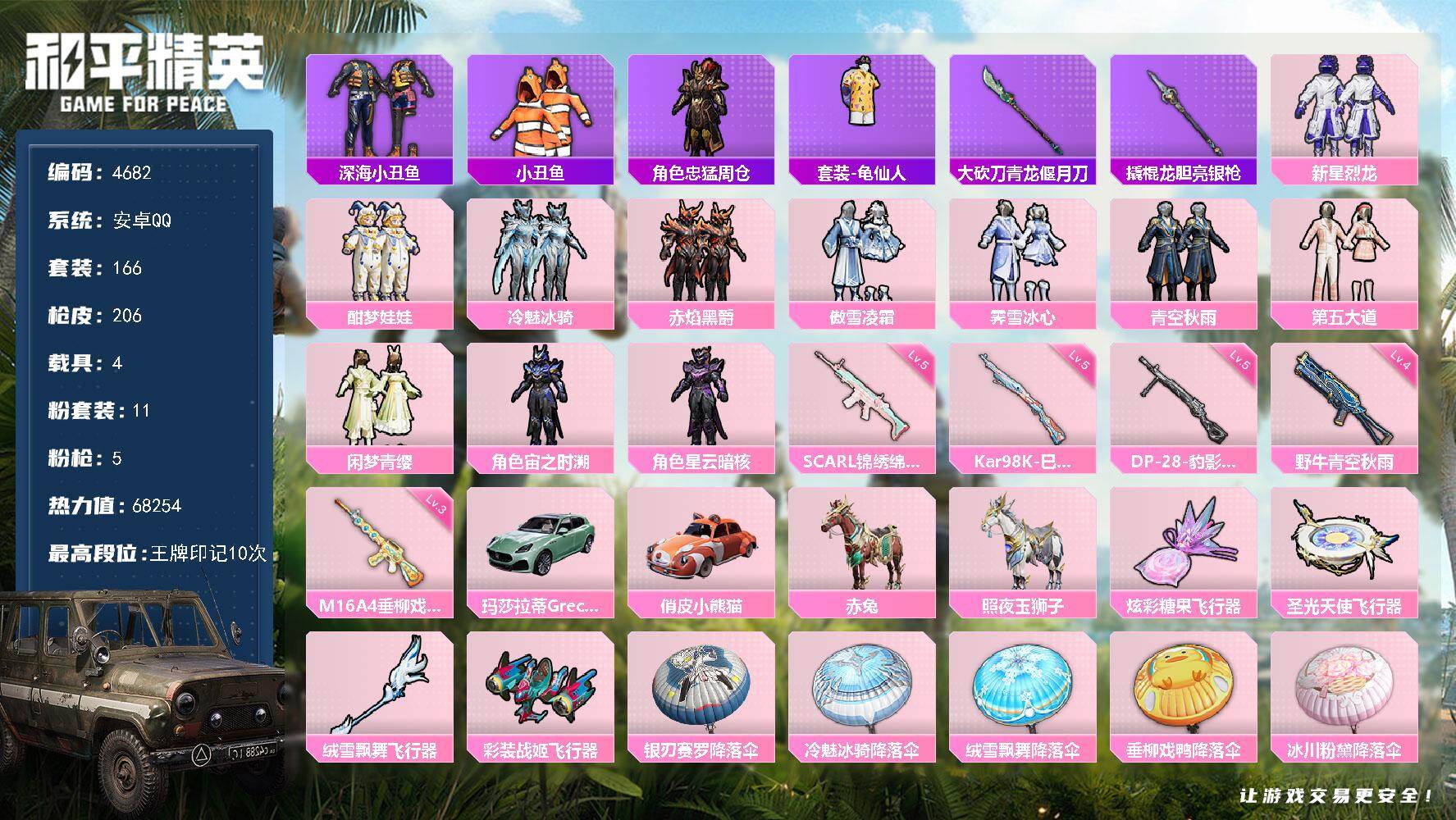 和平精英账号安卓QQ166套装/枪械5/装备242/载具4/战备143/王牌印记10/热力值68254/三级M16A4-