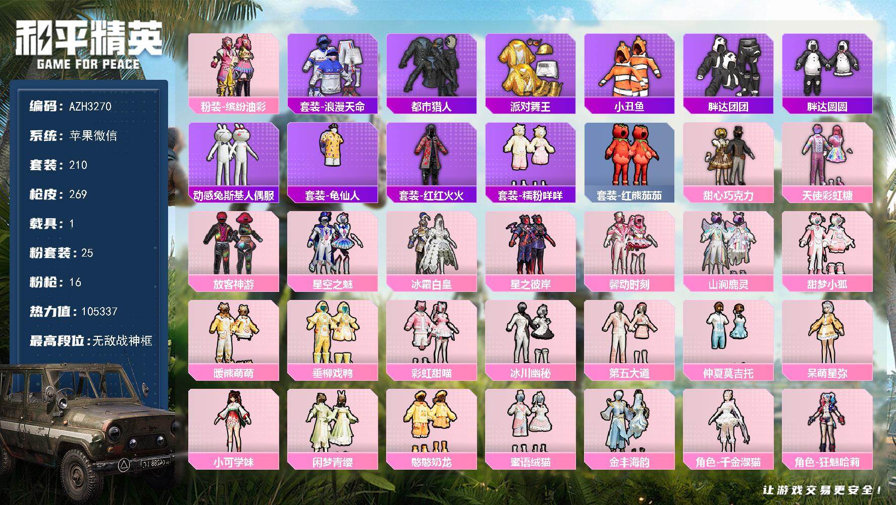 和平精英账号苹果微信【AZH3270】苹果 微信【无敌战神框 都市巧克力猪脸甜梦小狐暖熊萌萌 红熊茄茄糯粉咩咩胖达金靴子