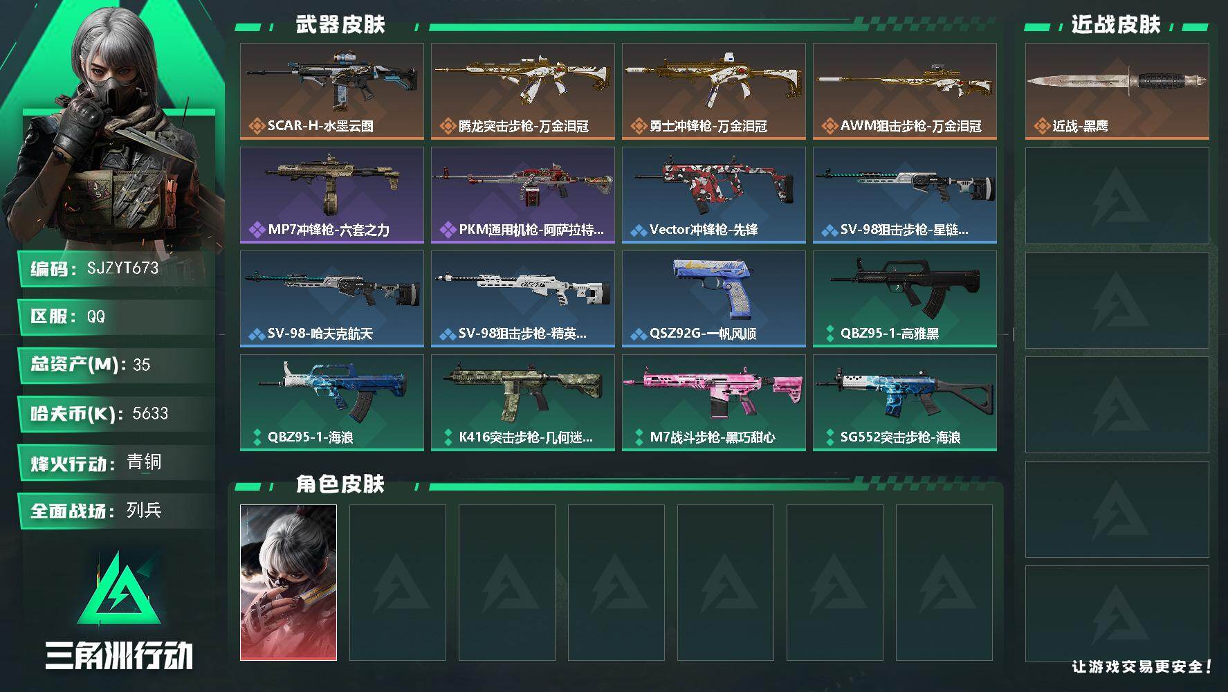三角洲行动账号QQ【SJZYT673】总资产(M)：35M/哈夫币(K)：5633K/哈夫币(K)：5633K/传说枪皮数：4/全面战场等级：14_段位：列兵/烽火地带等级：26_段位：青铜/骇爪-水墨云图/近战-黑