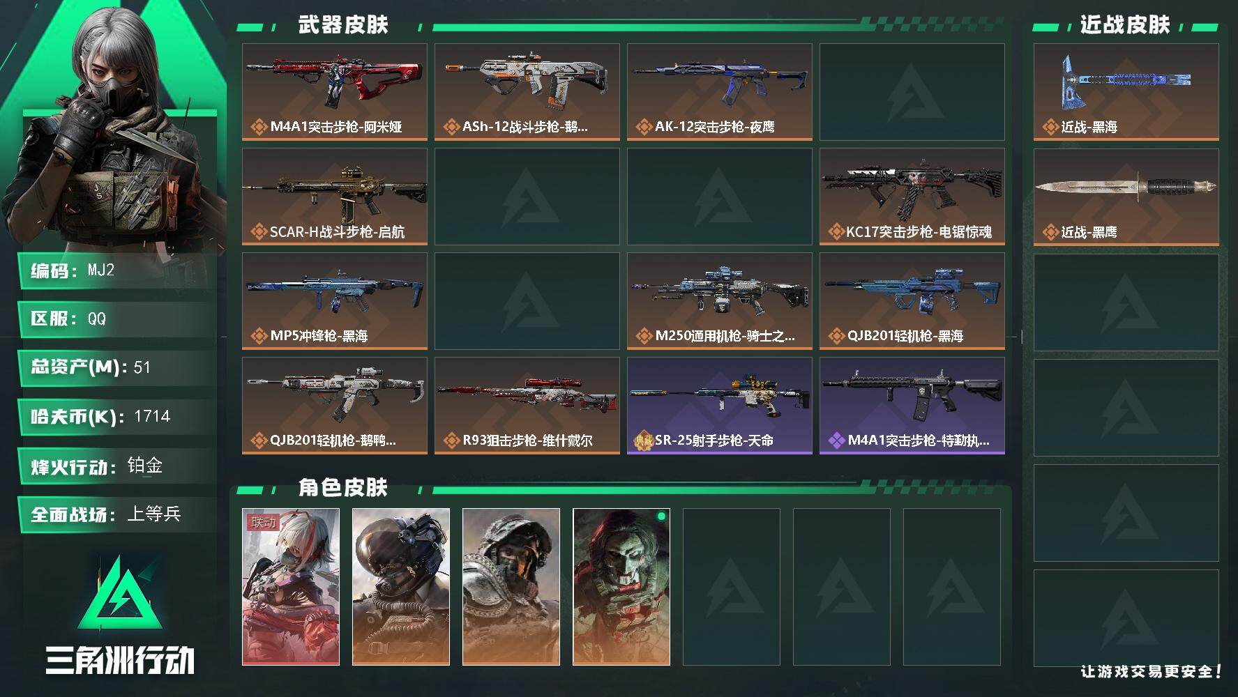 三角洲行动账号QQ51m总资产-1714k哈伏币-60烽火等级-铂金-28战场等级-上等兵
【干员外观】：骇爪-维什戴