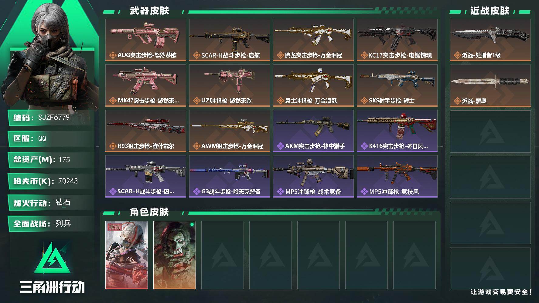 三角洲行动账号QQ【SJZF6779】总资产(M)：175M/哈夫币(K)：70243K/哈夫币(K)：70243K/传说枪皮数：10/全面战场等级：26_段位：列兵/烽火地带等级：60_段位：钻石/骇爪-维什戴尔/