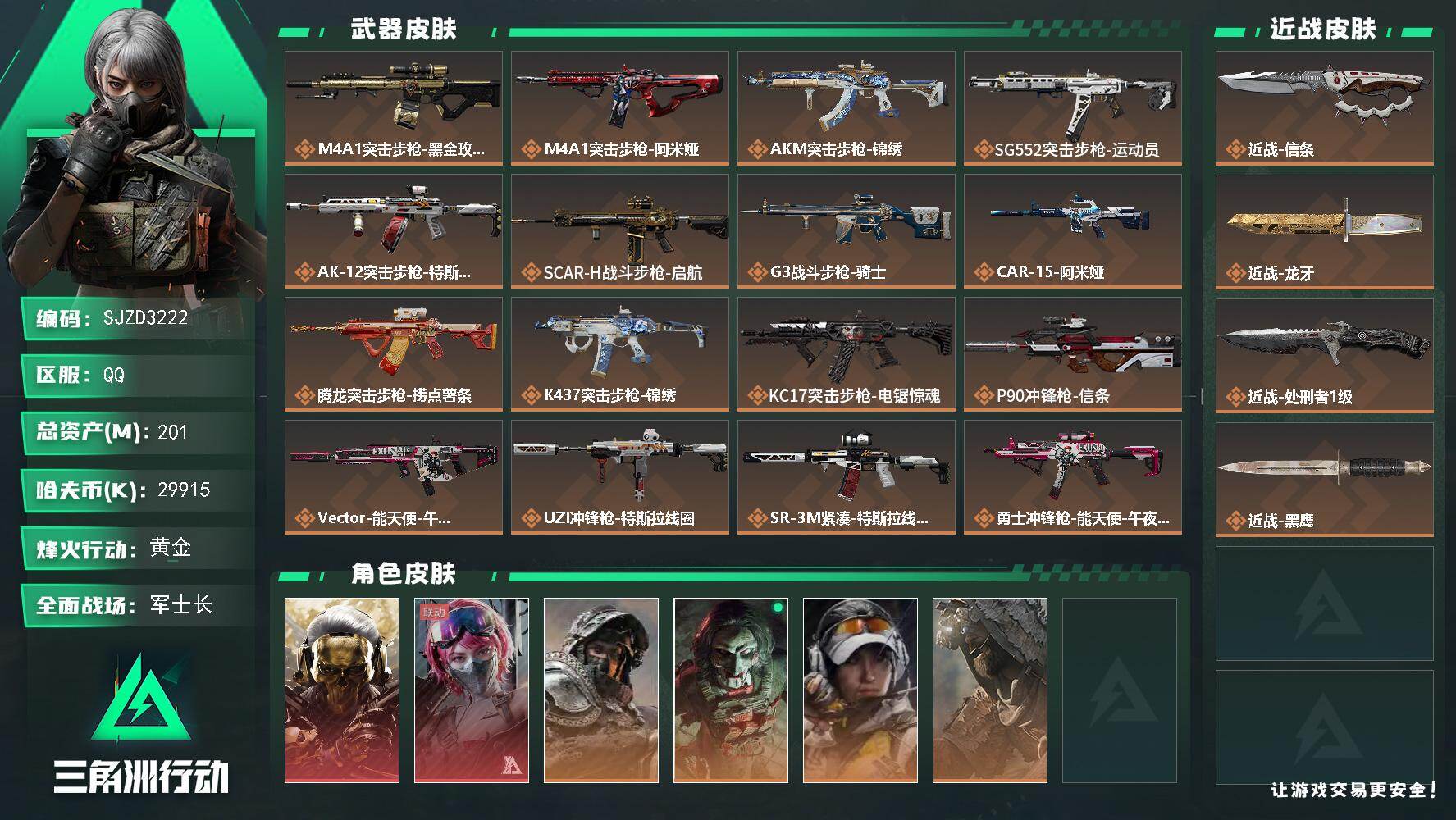 三角洲行动账号QQ【SJZD3222】总资产(M)：201M/哈夫币(K)：29915K/哈夫币(K)：29915K/传说枪皮数：25/全面战场等级：46_段位：军士长/烽火地带等级：60_段位：黄金/红狼-蚀金玫瑰