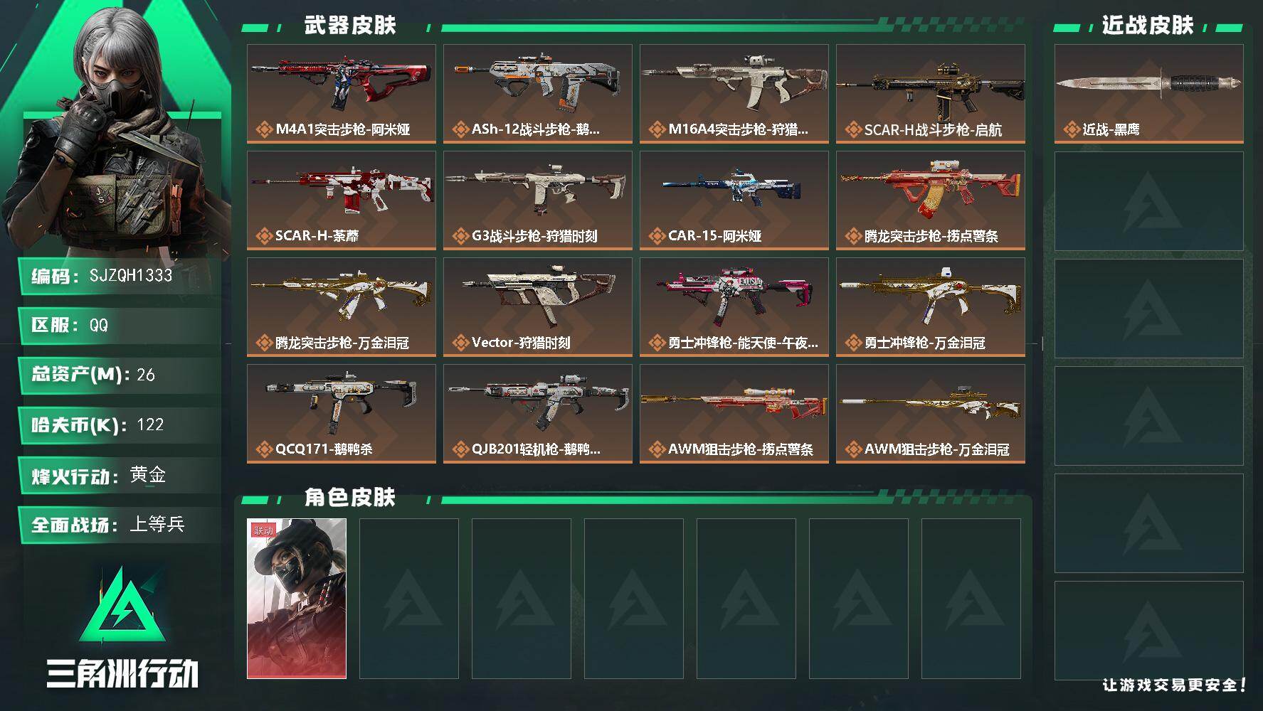 三角洲行动账号QQ【SJZQH1333】总资产(M)：26M/哈夫币(K)：122K/哈夫币(K)：122K/传说枪皮数：18/全面战场等级：43_段位：上等兵/烽火地带等级：54_段位：黄金/露娜-黑·天际线/近战