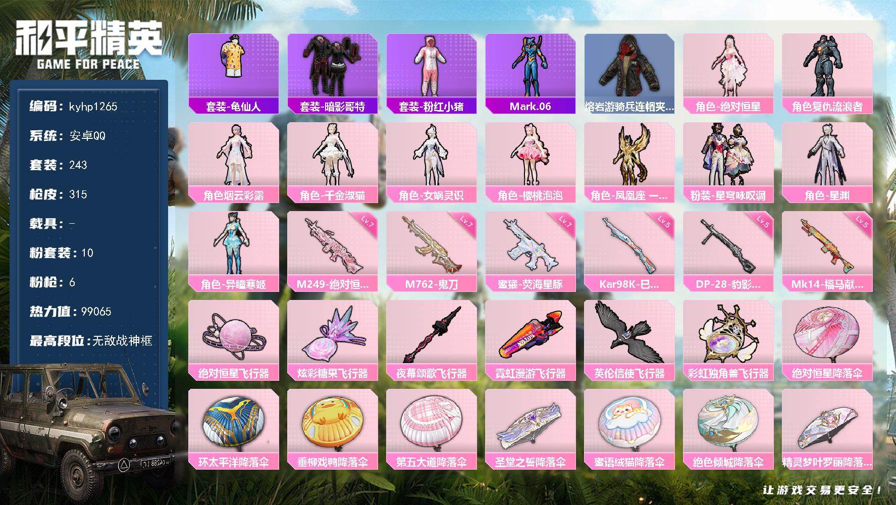 和平精英账号安卓QQ安卓 手Q-无敌战神框-10粉装-6特效枪-0载具-6粉色飞行器-99065热力值-19王牌印记-2