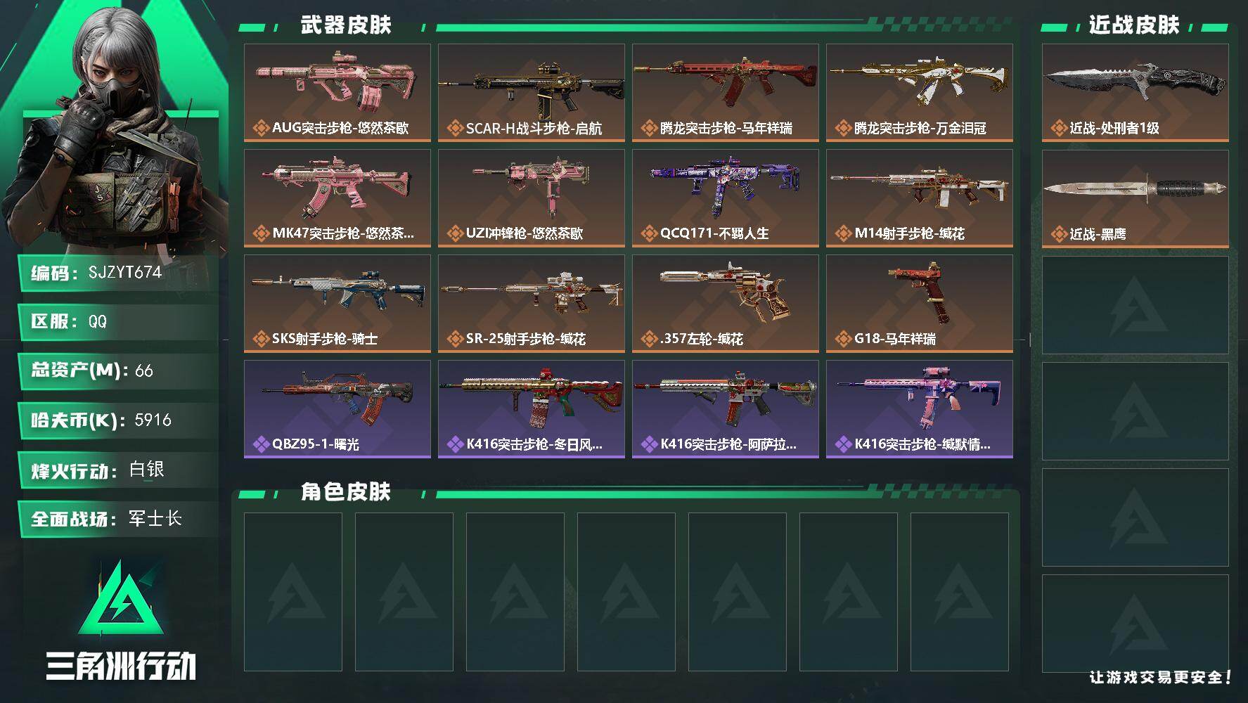 三角洲行动账号QQ【SJZYT674】总资产(M)：66M/哈夫币(K)：5916K/哈夫币(K)：5916K/传说枪皮数：12/全面战场等级：27_段位：军士长/烽火地带等级：60_段位：白银/近战-处刑者1级/近