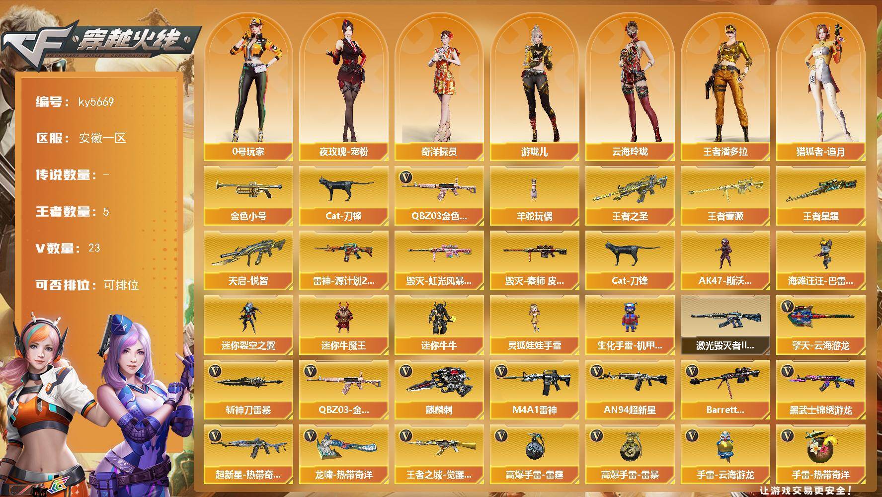穿越火线账号东部战区安徽一区安徽一区-21V-5王者武器数-0炫金武器数
【热门武器】：QBZ03-金色蔷薇，金色小号，Cat-