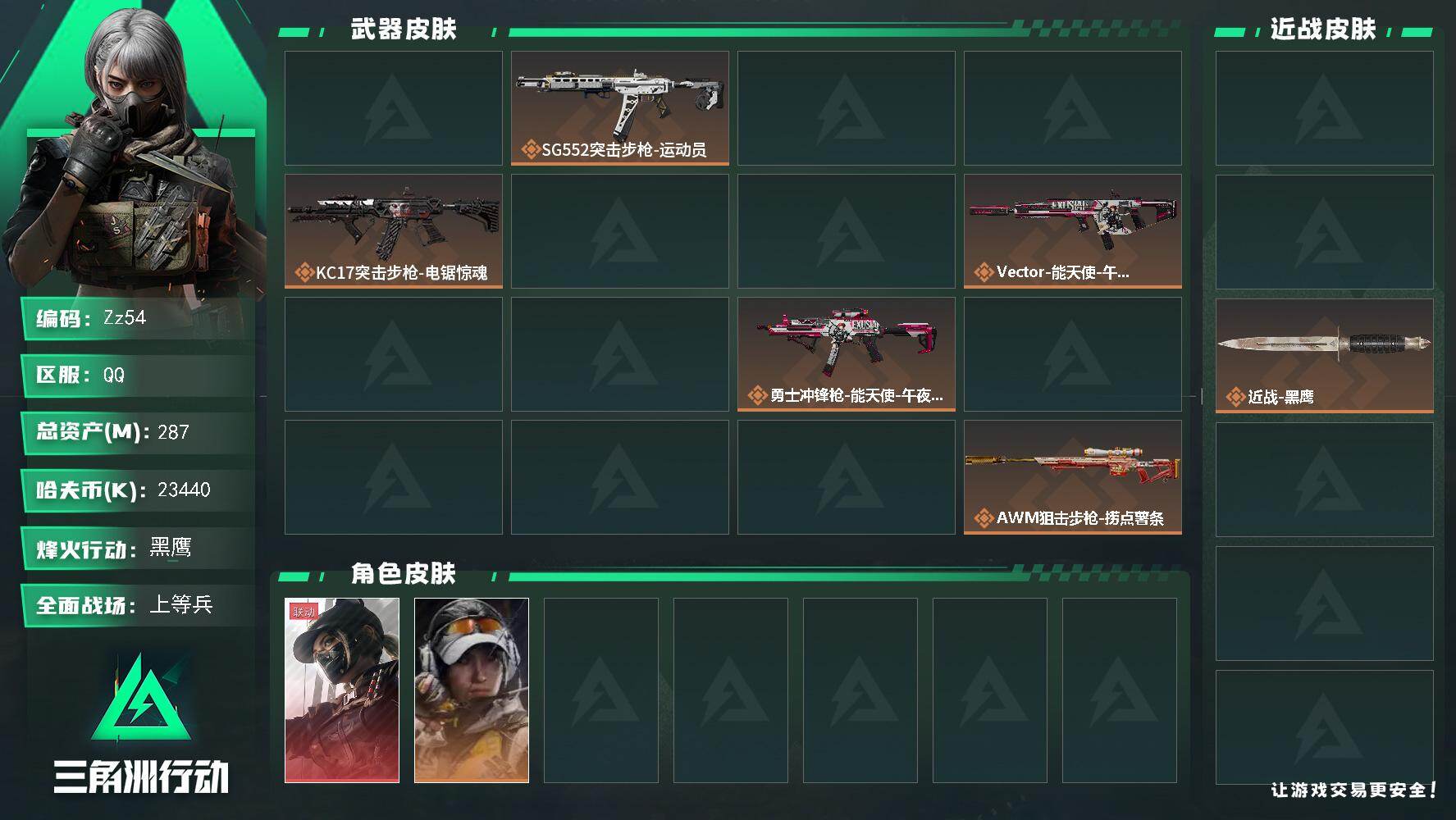 三角洲行动账号QQ【Zz54】287m总资产-23440k哈伏币-60烽火等级-黑鹰-20战场等级-上等兵
【干员外观】：露娜-黑·天际线，露娜-金牌射手，乌鲁鲁-荒原猎手
【近战皮肤】：近战-暗星，近战-处刑者4级，