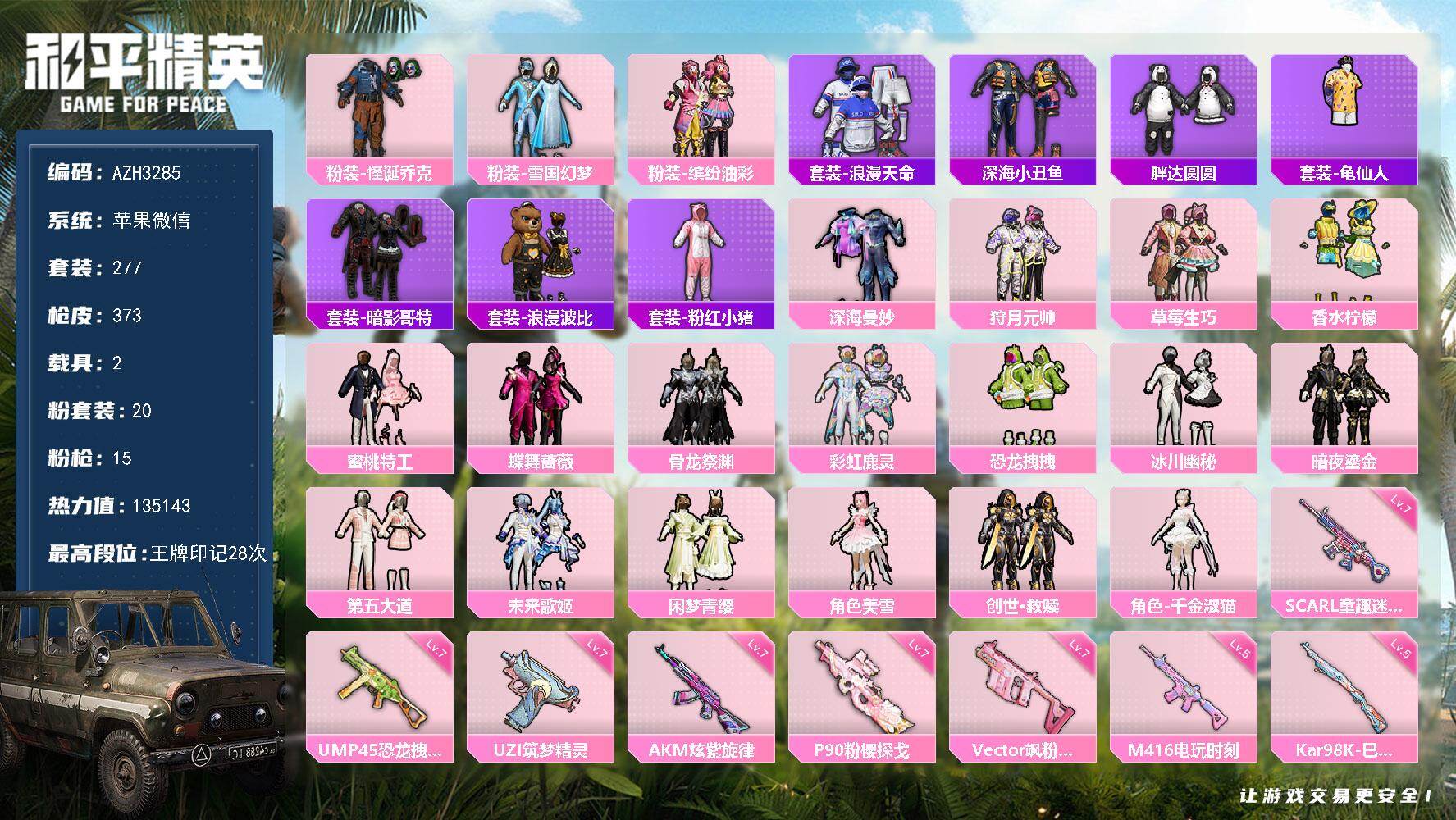 和平精英账号苹果微信微信【28印记 小丑雪国猪脸第五大道千金淑猫 满级炫紫旋律AKM 满级童趣迷