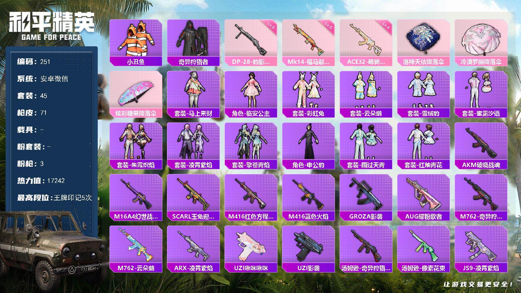 和平精英账号安卓微信HJ6672 可二 58级 1稀有3特效枪45套装71枪皮5印记  【1稀有】 奇异狩猎者 【3特效