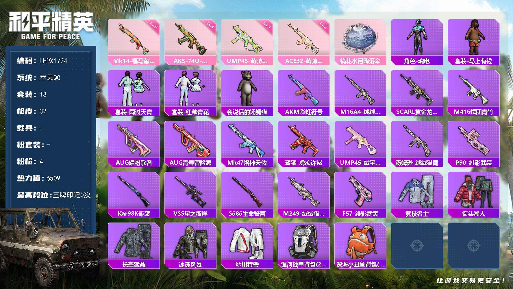和平精英账号苹果QQ【特价出售/店主推荐】苹果 手Q-0粉装-4特效枪-0载具-0粉色飞行器-6509热力值-1王牌印记-13套装-32枪皮
【粉色枪皮等级】：ACE32-萌骑漫游(二级)，UMP45-萌骑冒险(三级)