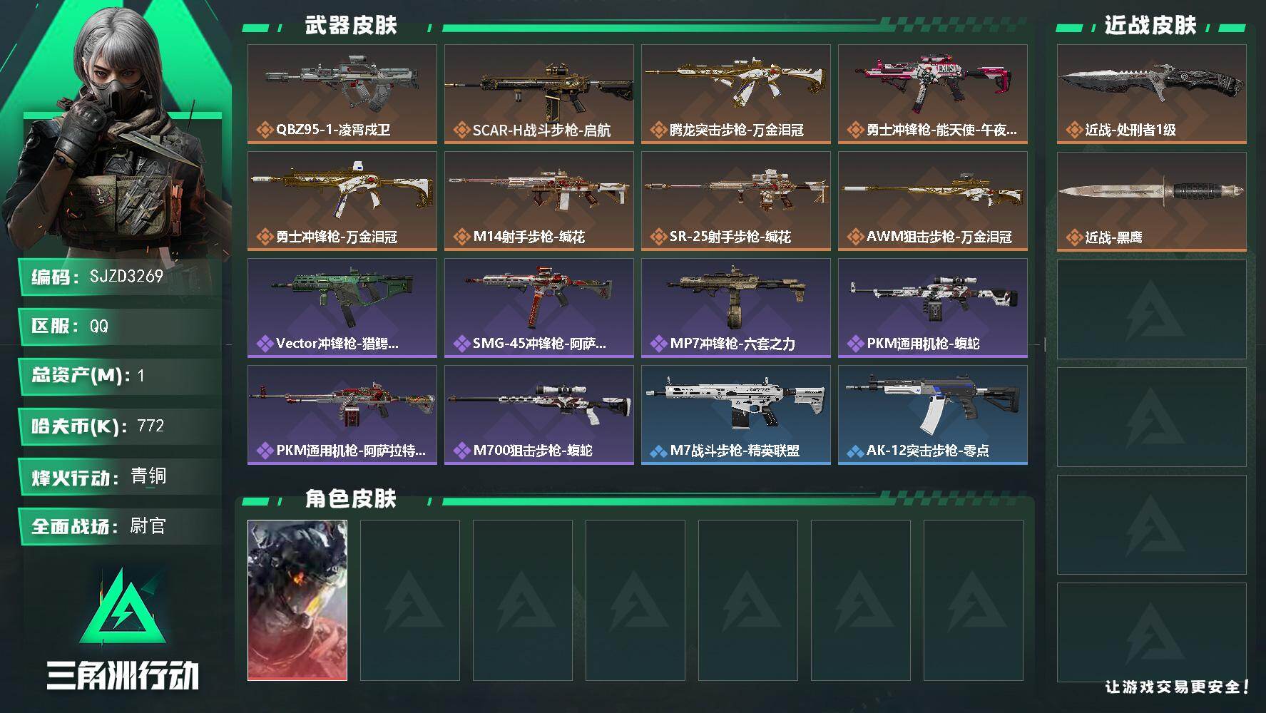 三角洲行动账号QQ【SJZD3269】总资产(M)：1M/哈夫币(K)：772K/哈夫币(K)：772K/传说枪皮数：8/全面战场等级：26_段位：尉官/烽火地带等级：36_段位：青铜/威龙-凌霄戍卫/近战-处刑者1