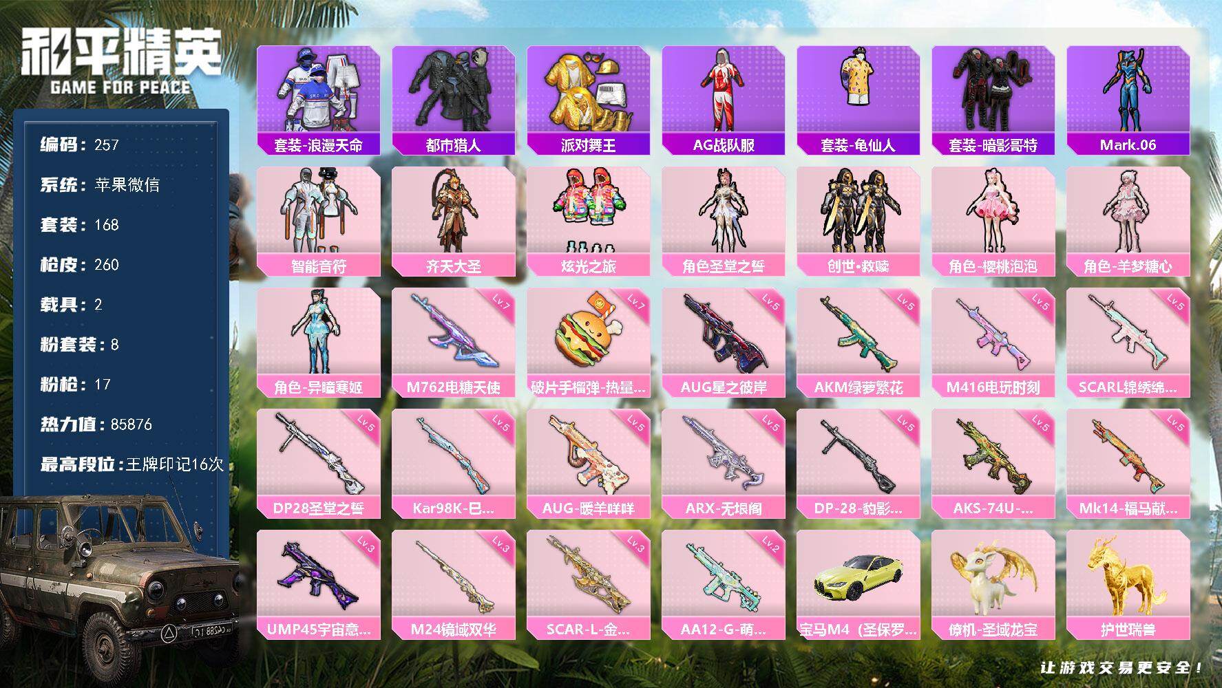和平精英账号苹果微信苹果 微信-8粉装-17特效枪-2载具-10粉色飞行器-85876热力值-16王牌印记-168套装-