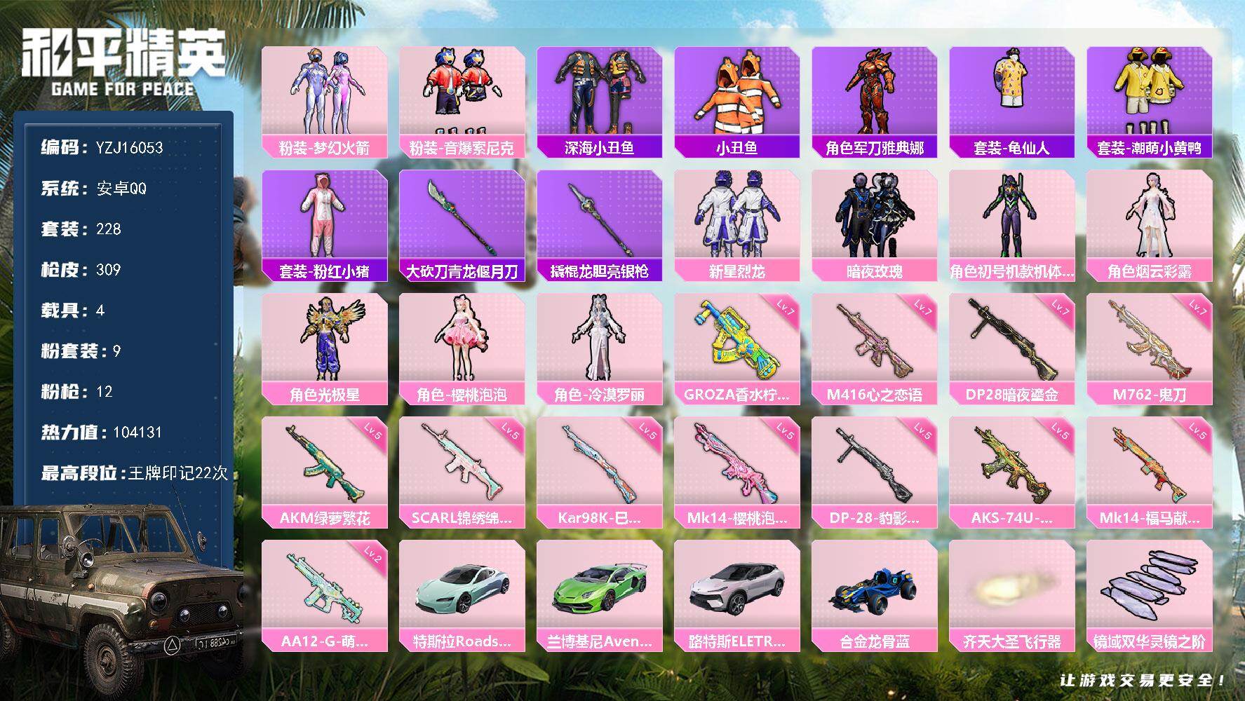和平精英账号安卓QQYZJ16053  可二次 蓝蹦蹦 火箭少女 紫螳螂 樱桃泡泡 兔兔白日梦 深海小丑鱼 心之恋语满级