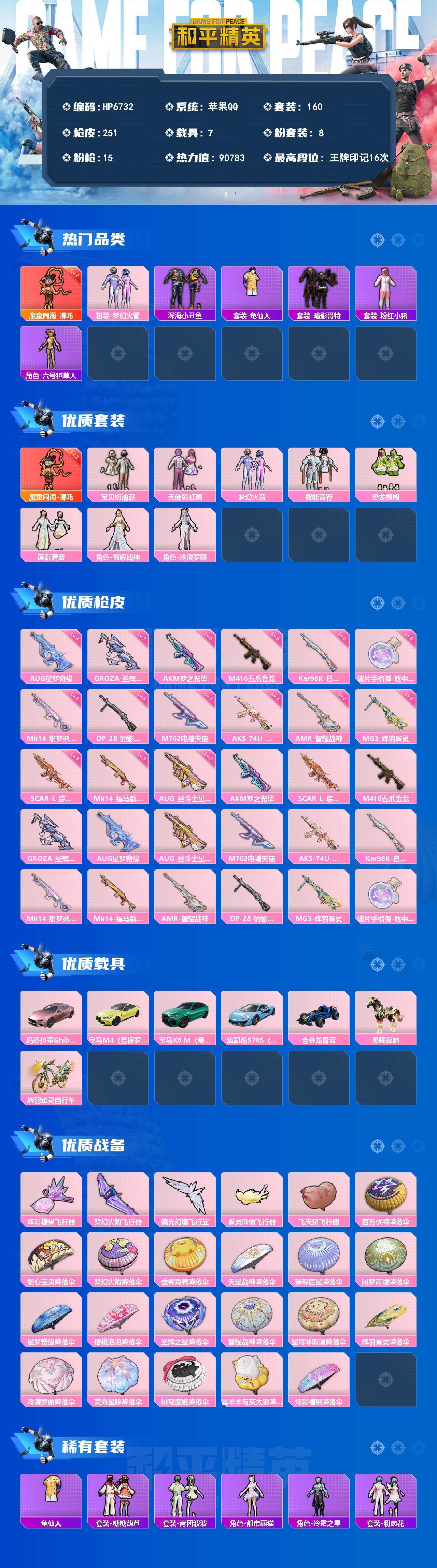 和平精英账号苹果QQ7载具-160套装-251枪皮-身法号-地铁满天赋-哪吒2级/AUG星梦8级/M4五爪金龙5级/AK