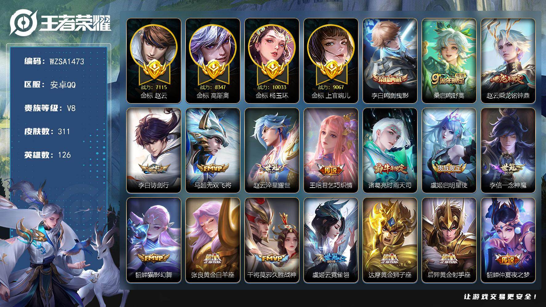 王者荣耀账号安卓QQ【WZSA1473】贵族8/皮肤311/典藏1/传说18/史诗104/英雄126/金标杨玉环/金标高