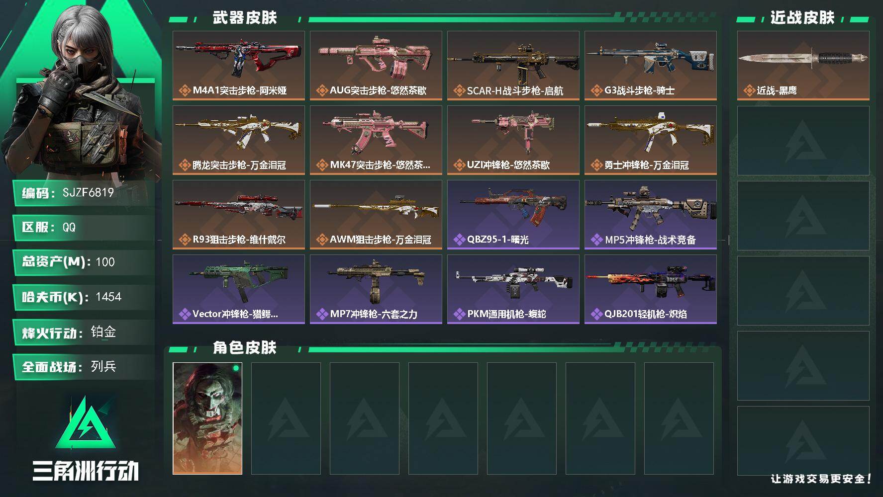 三角洲行动账号QQ【SJZF6819】总资产(M)：100M/哈夫币(K)：1454K/哈夫币(K)：1454K/传说枪皮数：10/全面战场等级：12_段位：列兵/烽火地带等级：60_段位：铂金/红狼-电锯惊魂/近战