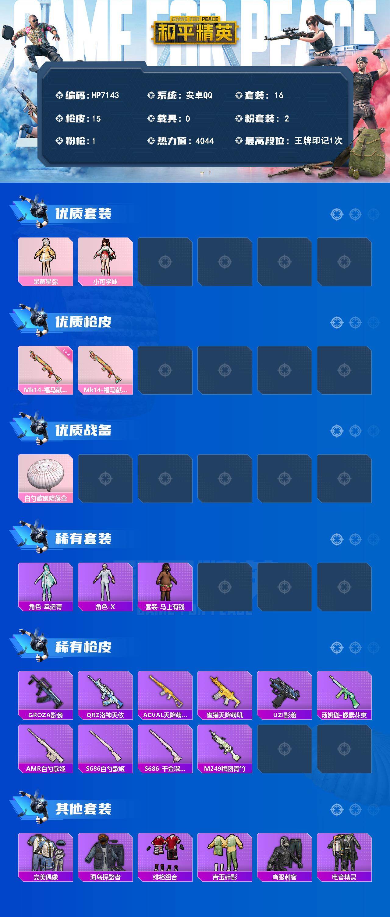 和平精英账号安卓QQ0载具-16套装-15枪皮-（2粉装-1粉枪）幸运青/小可学妹/呆萌星弥/Mk14福马献瑞2级没战神框 HP7143-0载具-0粉色飞行器-4044热力值-1王牌印记-16套装-15枪皮
【粉色套装】