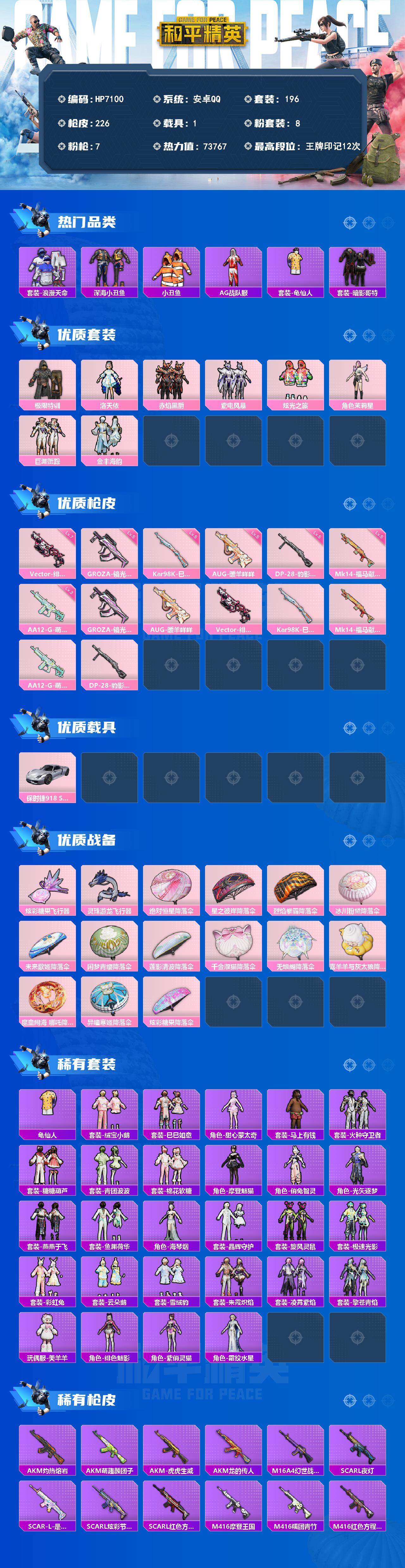 和平精英账号安卓QQ1载具-196套装-226枪皮-（8粉套7粉枪1载具）地铁满天赋/浪漫天命/暗影哥特/极限特训/洛天依/赤焰黑爵/紫电风暴/炫光之旅/茉莉星/巨渊蟹踪/金丰海韵/GROZA镜光银凌五级/AUG暖羊咩咩