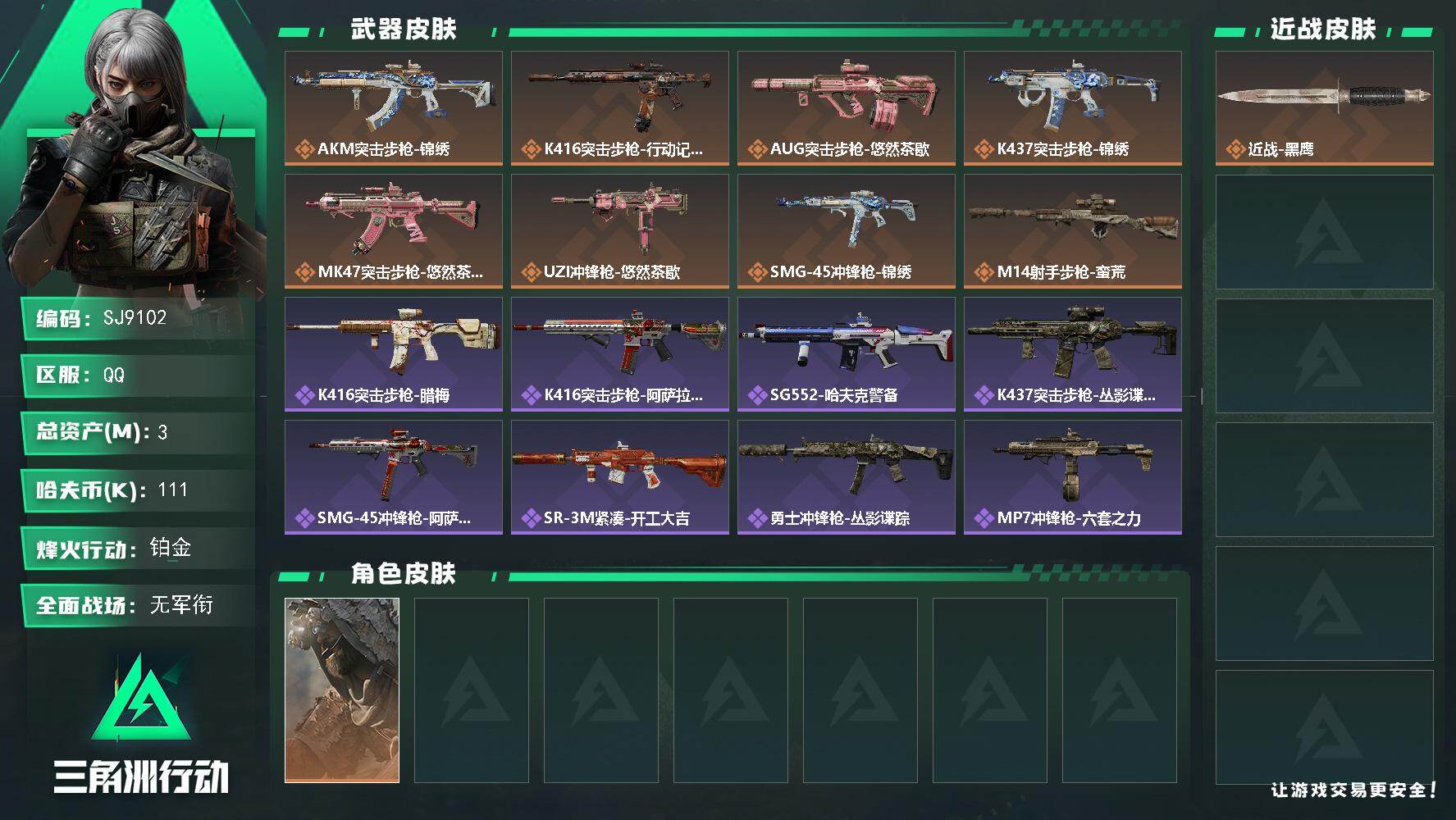 三角洲行动账号QQ【SJ9102】总资产(M)：3M/哈夫币(K)：111K/哈夫币(K)：111K/传说枪皮数：8/全面战场等级：1_段位：无段位/烽火地带等级：58_段位：铂金/乌鲁鲁-荒原猎手/近战-黑鹰/AK