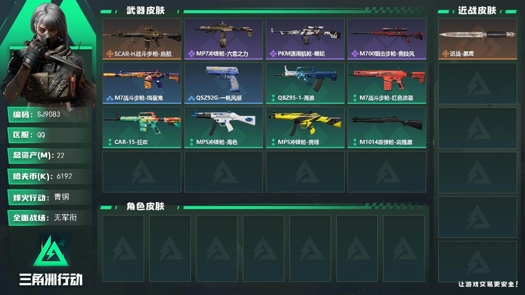 三角洲行动账号QQ【SJ9083】总资产(M)：22M/哈夫币(K)：6192K/哈夫币(K)：6192K/传说枪皮数：1/全面战场等级：1_段位：无段位/烽火地带等级：26_段位：青铜/近战-黑鹰/SCAR-H战斗