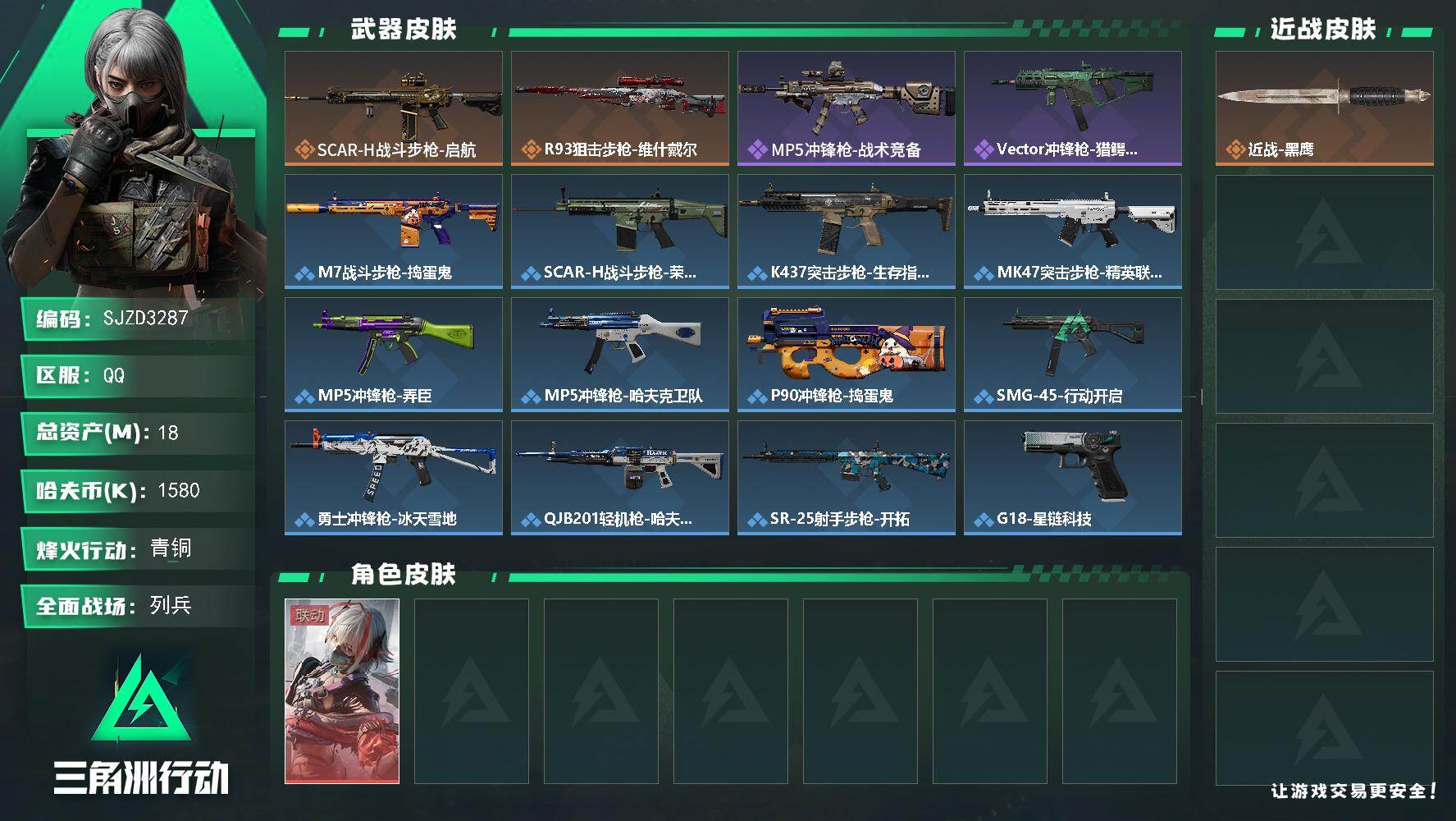 三角洲行动账号QQ【SJZD3287】总资产(M)：18M/哈夫币(K)：1580K/哈夫币(K)：1580K/传说枪皮数：2/全面战场等级：14_段位：列兵/烽火地带等级：42_段位：青铜/骇爪-维什戴尔/近战-黑