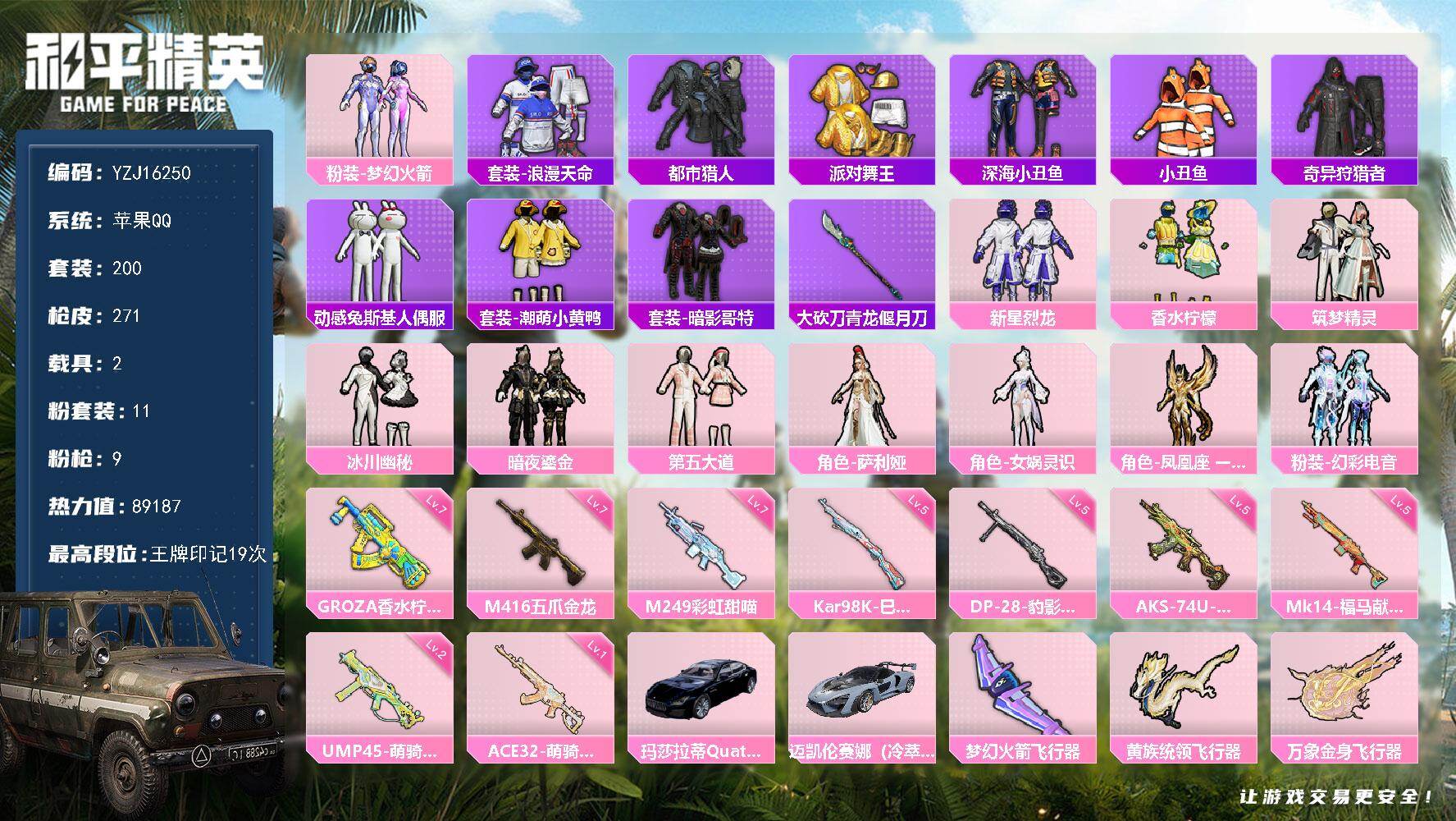 和平精英账号苹果QQYZJ16250-可二次-苹果Q-6稀有2载具11粉装9特效枪24热门-连体王者小国司马懿 138皮