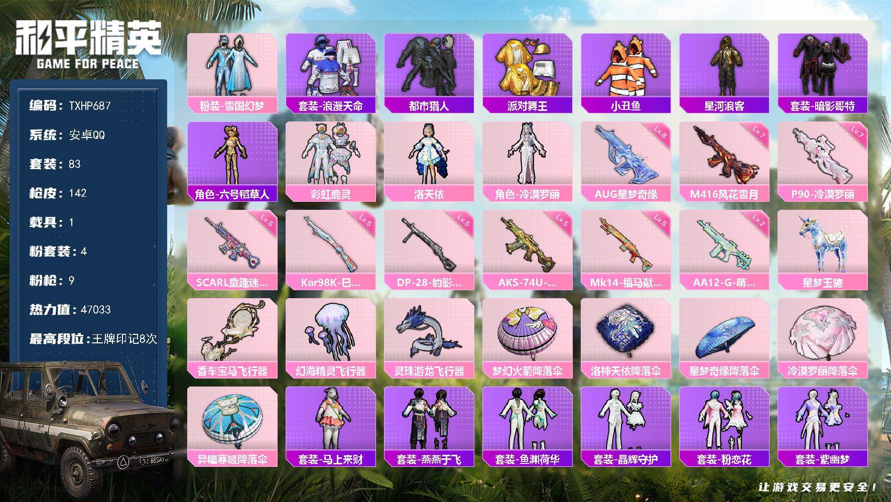 和平精英账号安卓QQ安卓 手Q-4粉装-9特效枪-1载具-3粉色飞行器-47033热力值-8王牌印记-83套装-142枪