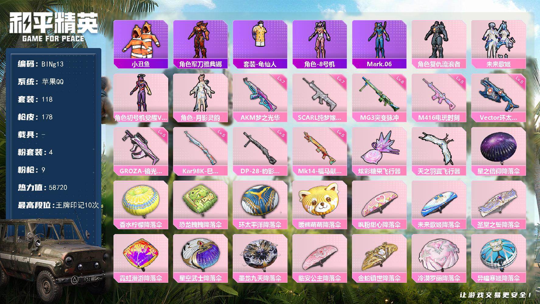 和平精英账号苹果QQ0载具-118套装-178枪皮-【BINg13】苹果 手Q-4粉装-9特效枪-0载具-2粉色飞行器-58720热力值-10王牌印记-118套装-178枪皮
【热门品类】：套装-小丑鱼，角色-军刀雅典娜