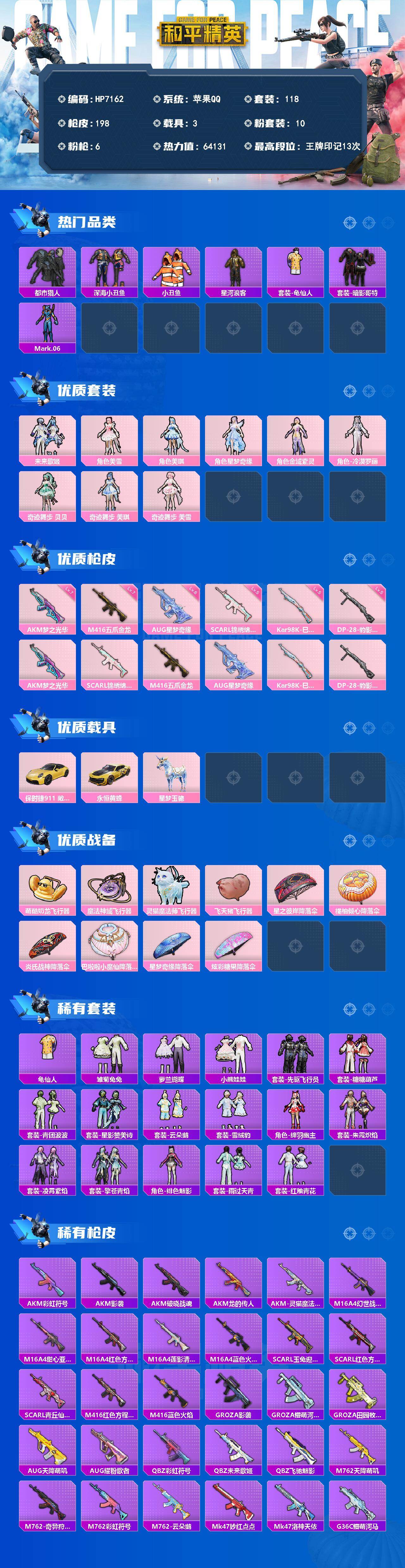 和平精英账号苹果QQ身法号-M4五爪金龙7级/AKM梦之光华7级/AUG星梦奇缘6级/蓝螳螂/深海小丑鱼/小丑鱼/都市/