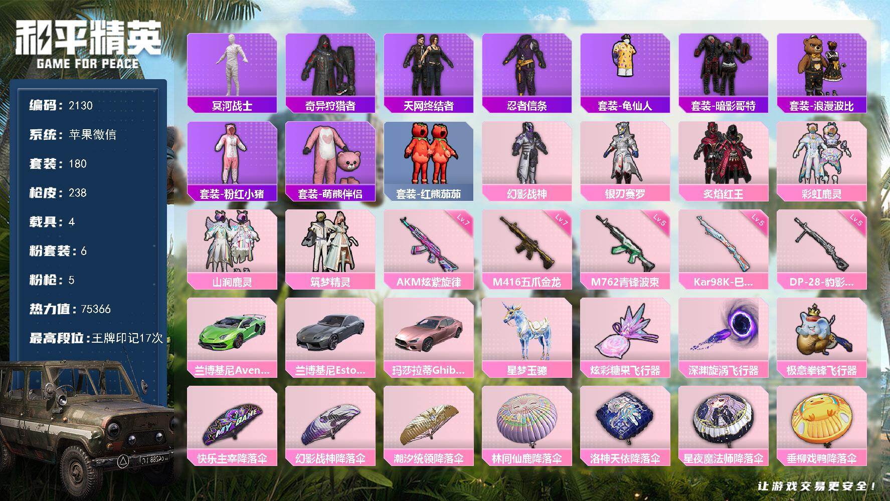 和平精英账号苹果微信【2130】df苹果 微信【公主男神混搭号，素材身法号，微一切正常，木乃伊，天网终结者，哥特红眼罩，