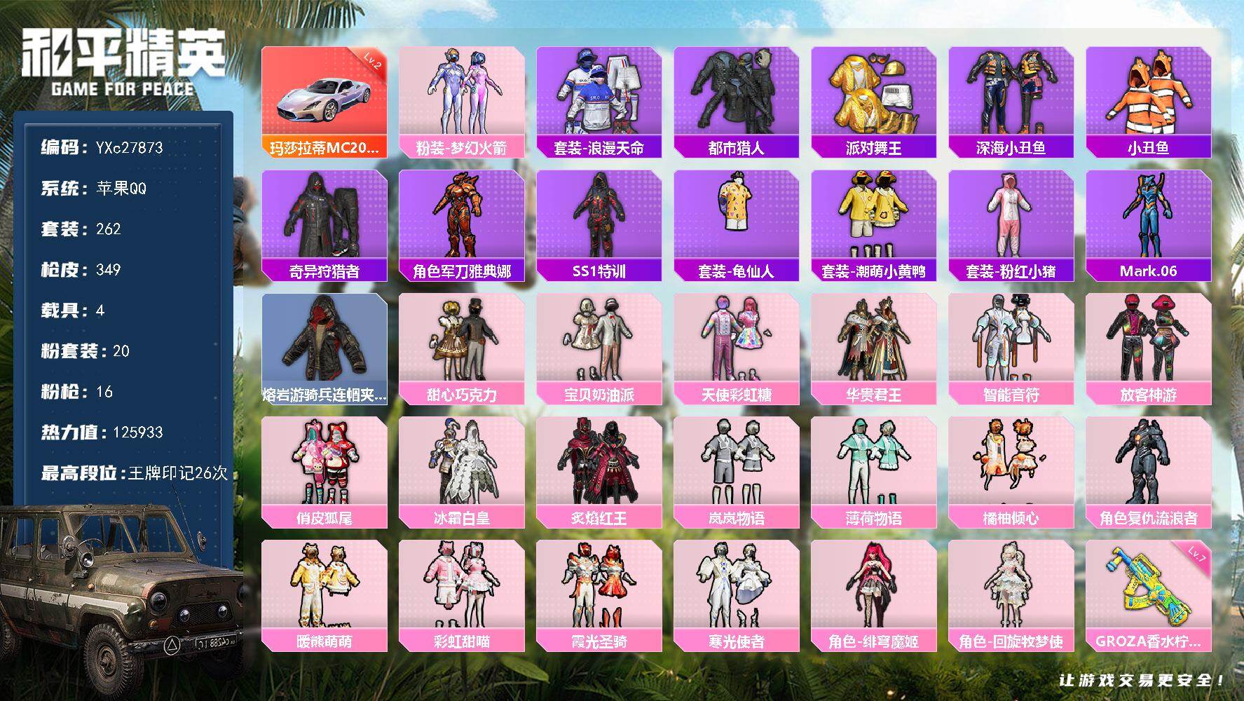 和平精英账号苹果QQ4载具-262套装-349枪皮-【小姐姐号！2级玛莎幻星粉 都市 金鞋 巧克力 新101 放客 粉熊