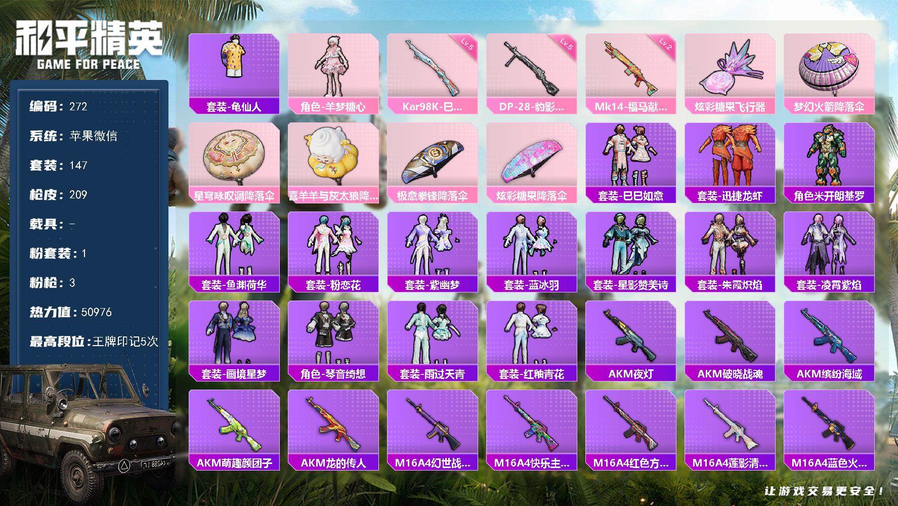 和平精英账号苹果微信苹果 微信-1粉装-3特效枪-0载具-1粉色飞行器-50976热力值-5王牌印记-147套装-209