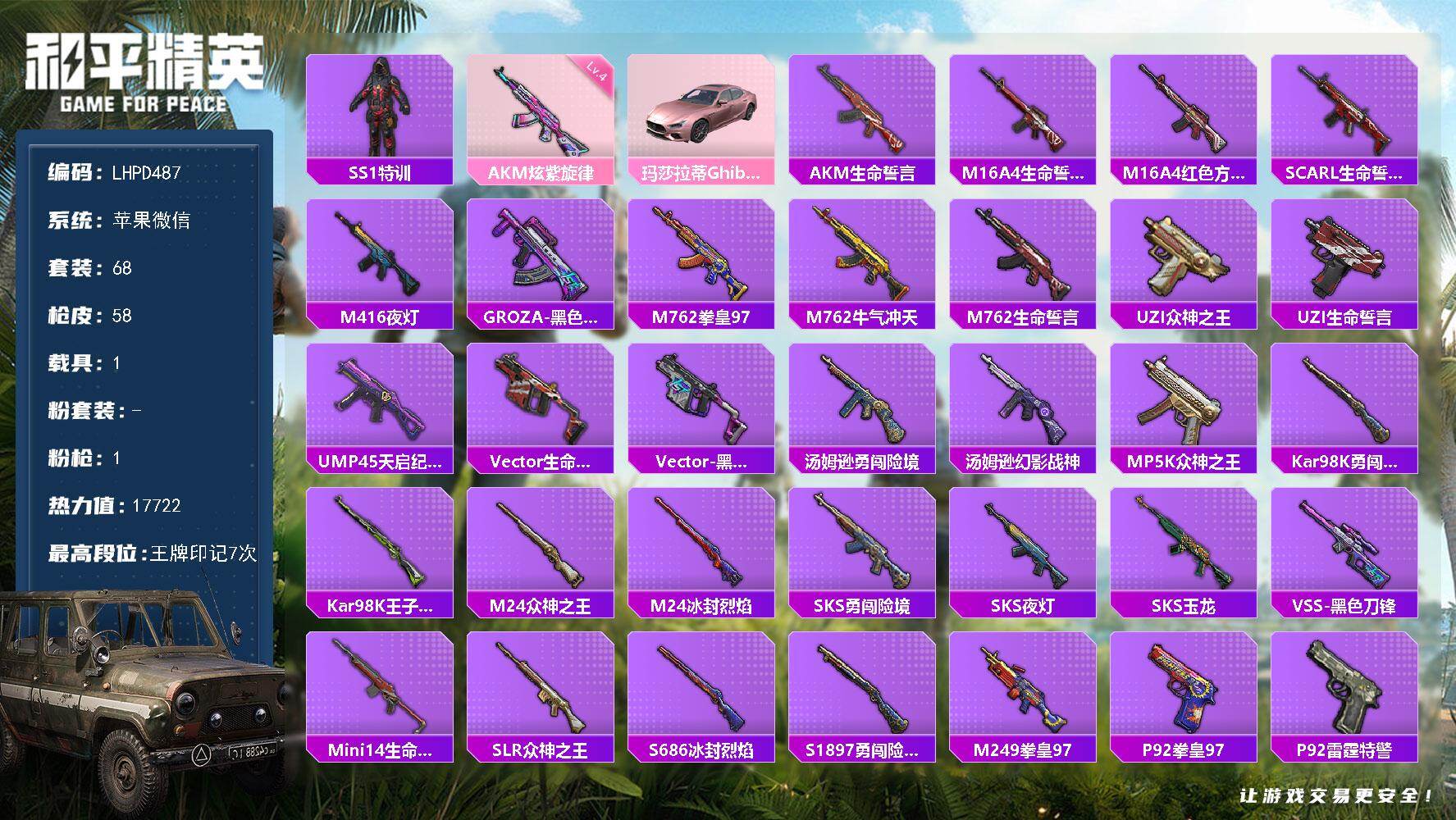 和平精英账号苹果微信有二次可直接换绑【特价出售/店主推荐】苹果 微信-0粉装-1特效枪-1载具-0粉色飞行器-17722热力值-7王牌印记-68套装-58枪皮
【热门品类】：套装-SS1特训
【粉色枪皮等级】：AKM-