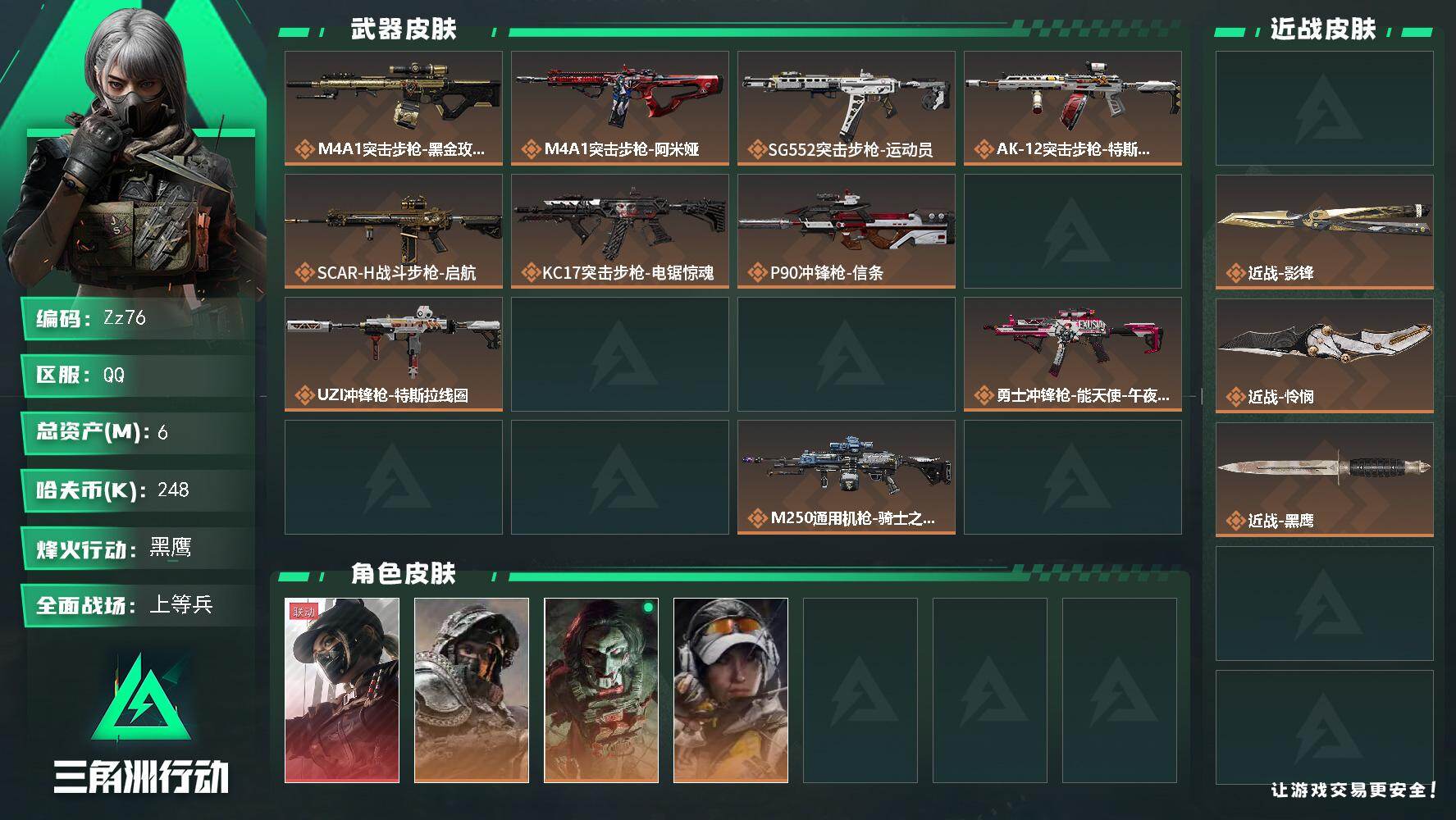 三角洲行动账号QQ【Zz76】6m总资产-248k哈夫币-60烽火等级-黑鹰-16战场等级-上等兵
【干员外观】：露娜-黑·天际线，深蓝-不破誓约，红狼-电锯惊魂，露娜-金牌射手，乌鲁鲁-荒原猎手
【近战皮肤】：近战-