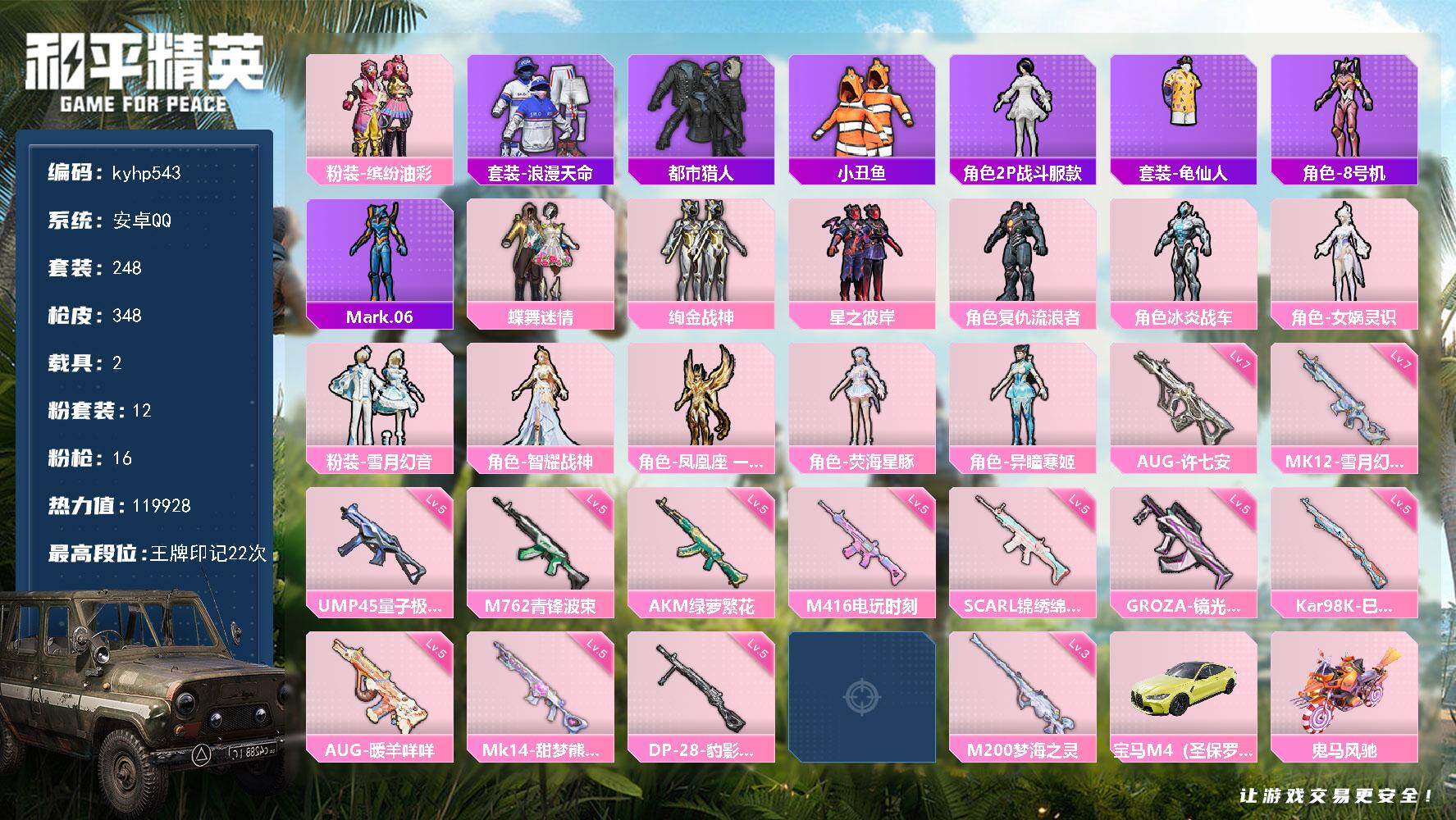 和平精英账号安卓QQ安卓 手Q-12粉装-16特效枪-2载具-4粉色飞行器-119928热力值-22王牌印记-248套装
